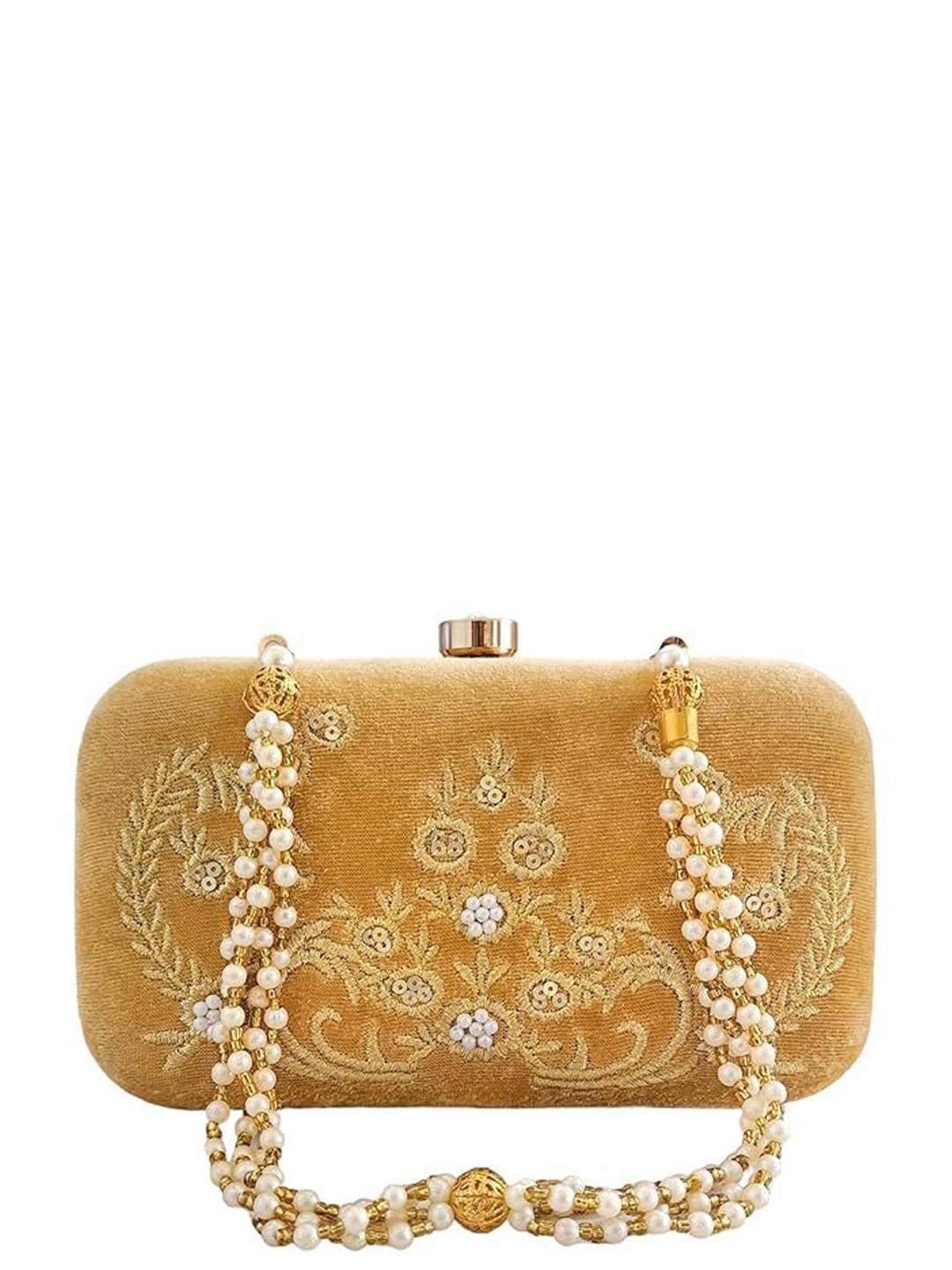 

FRINGES Embroidered Box Clutch, Beige