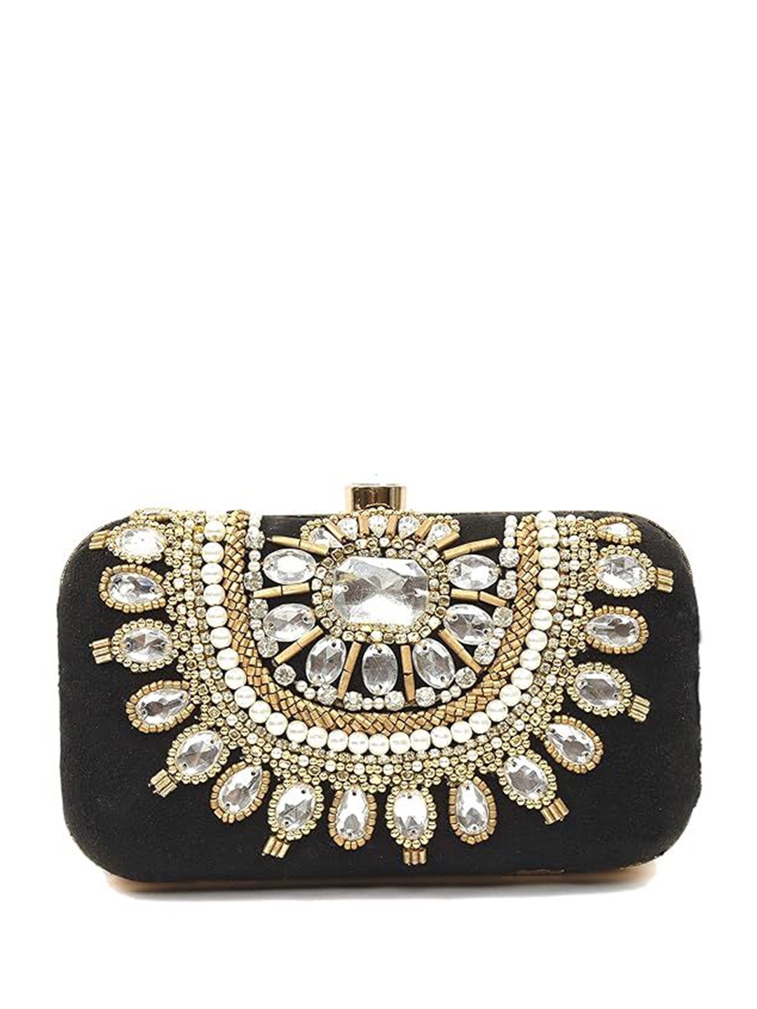 

FRINGES Embroidered Box Clutch, Black