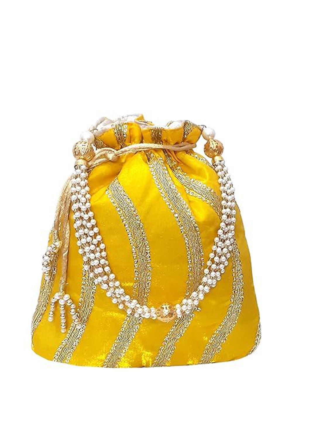 

FRINGES Embroidered Potli Clutch, Yellow