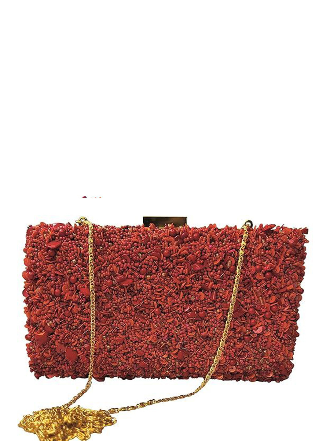 

FRINGES Embroidered Box Clutch, Red