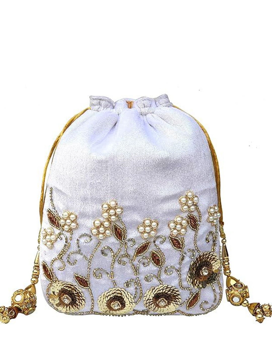 

FRINGES Embroidered Potli Clutch, White
