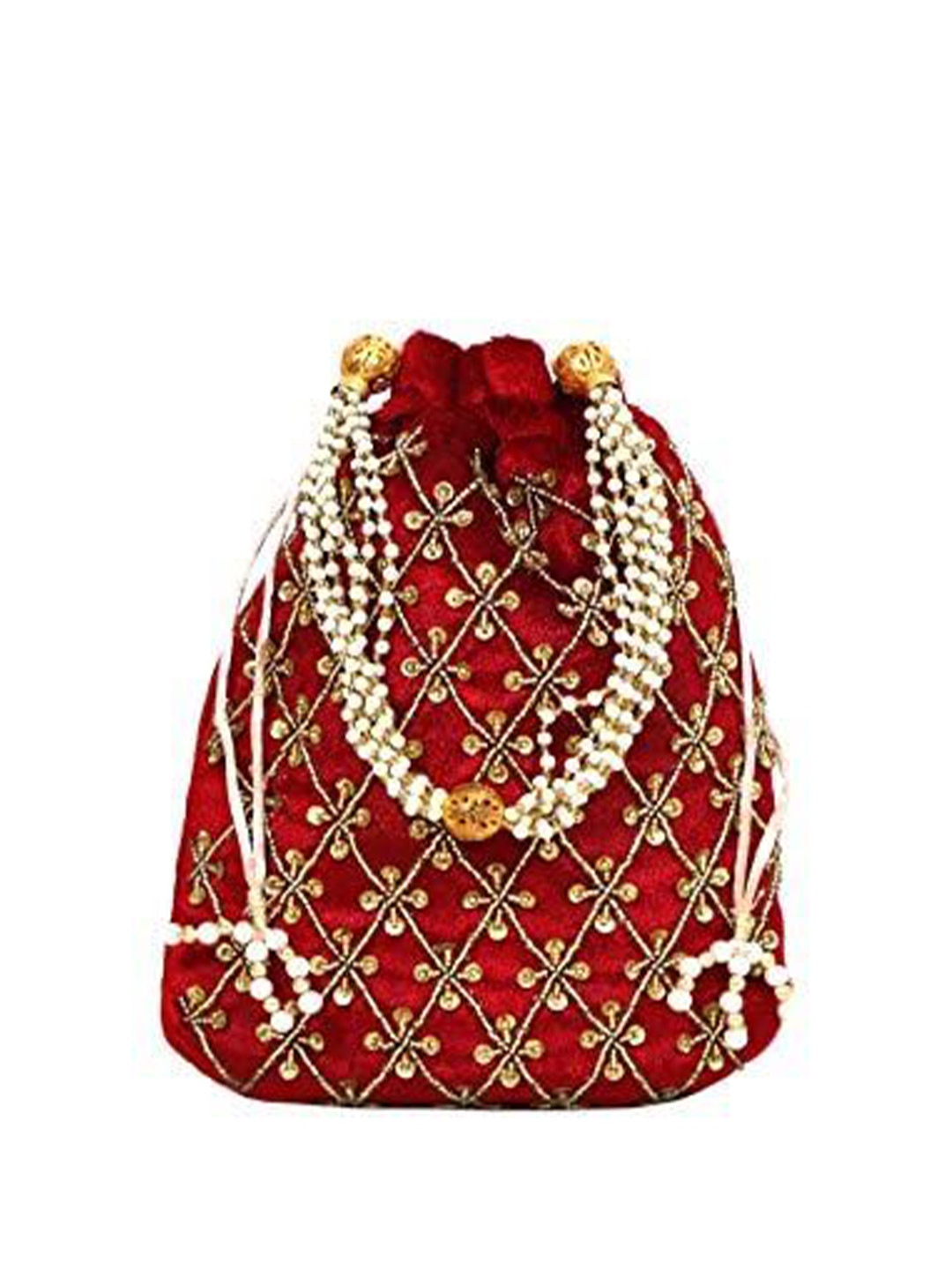 

FRINGES Embroidered Potli Clutch, Maroon