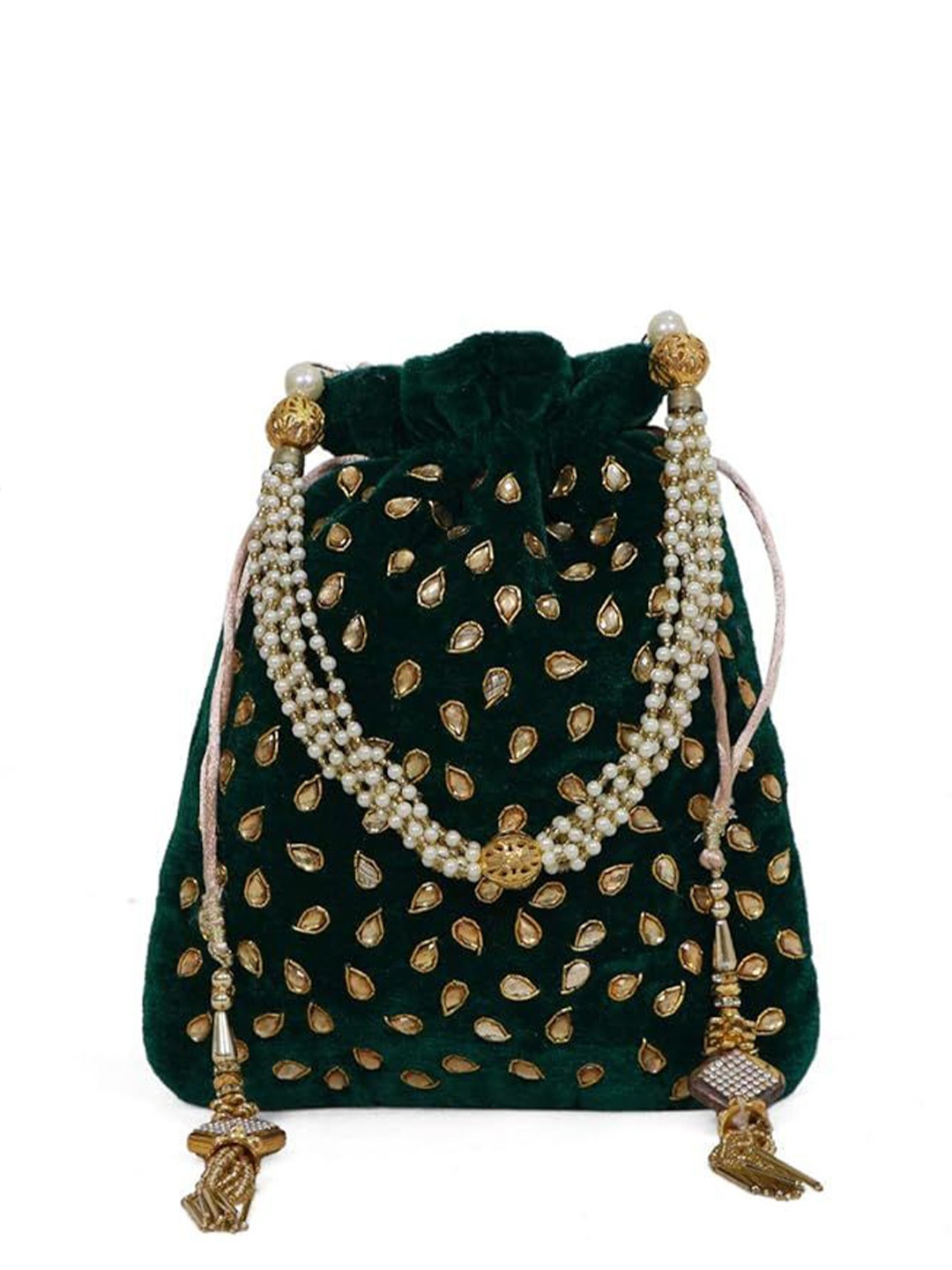 

FRINGES Embroidered Potli Clutch, Green