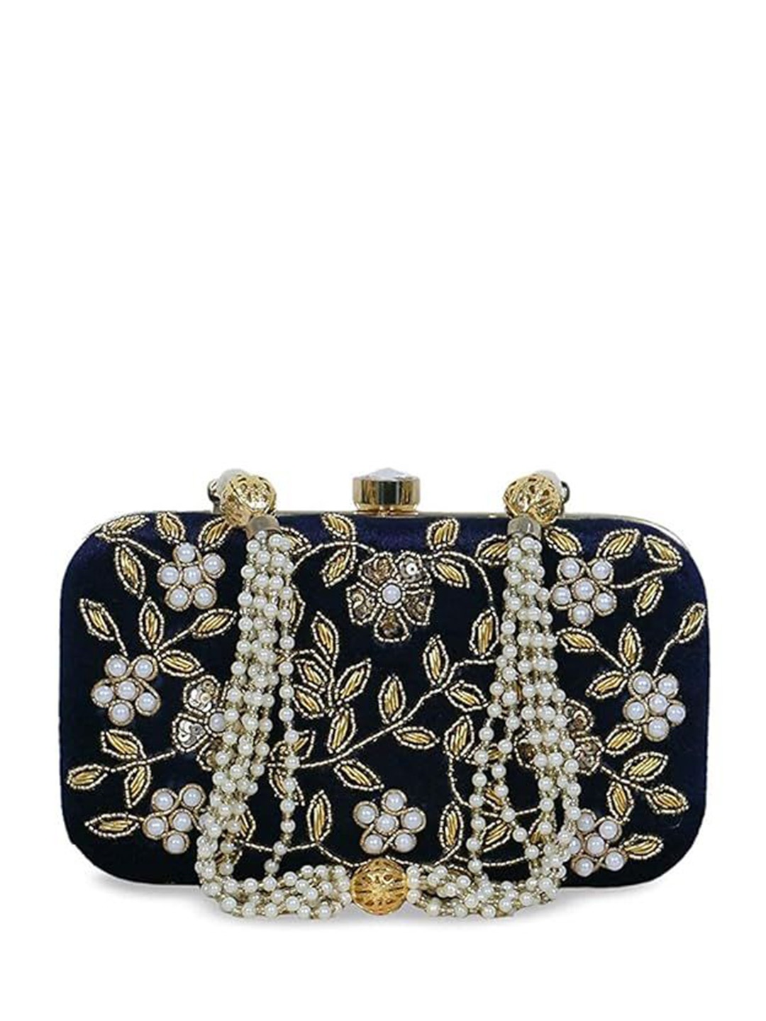 

FRINGES Embroidered Box Clutch, Navy blue