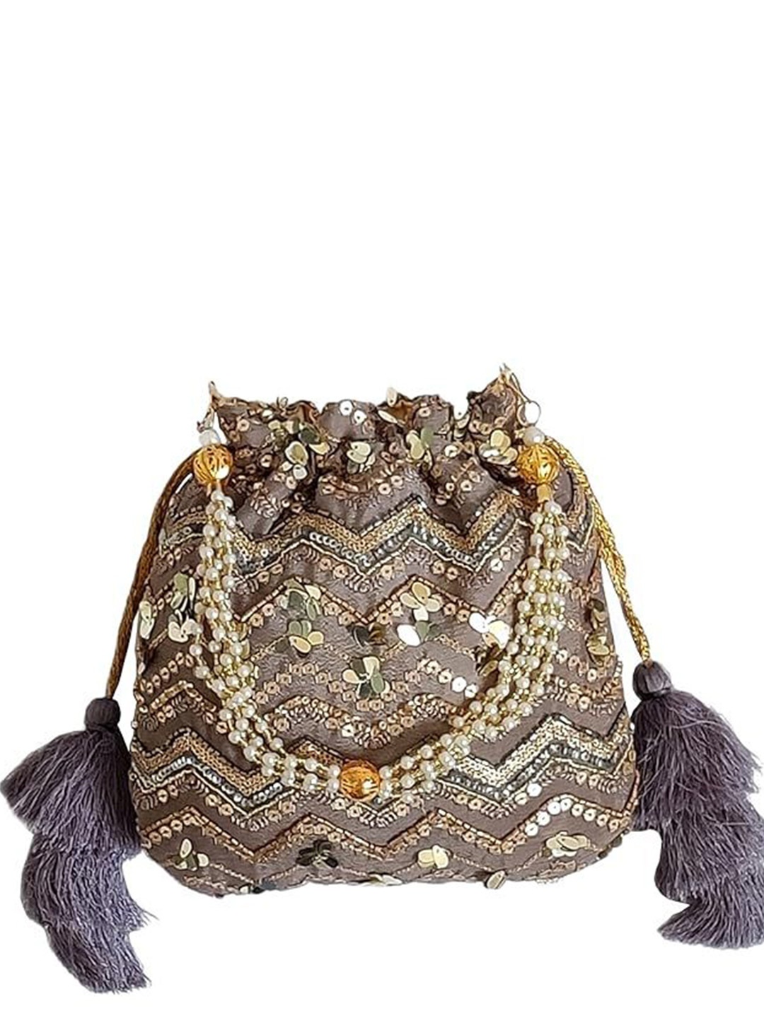

FRINGES Embroidered Potli Clutch, Grey