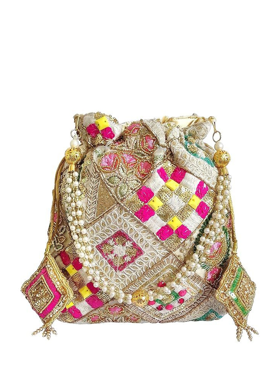 

FRINGES Embroidered Box Clutch, Gold