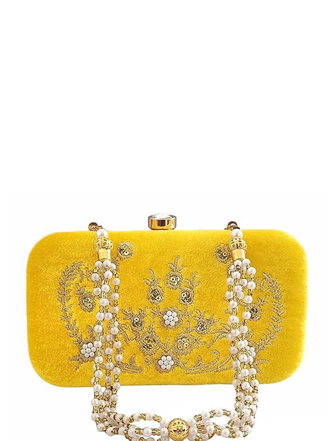 

FRINGES Embroidered Box Clutch, Yellow