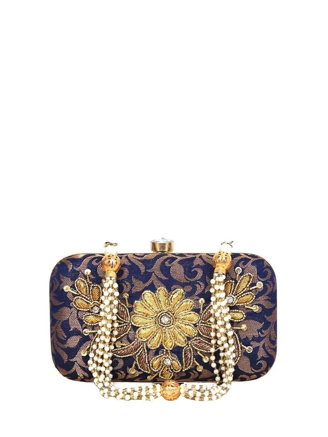 

FRINGES Embroidered Box Clutch, Navy blue