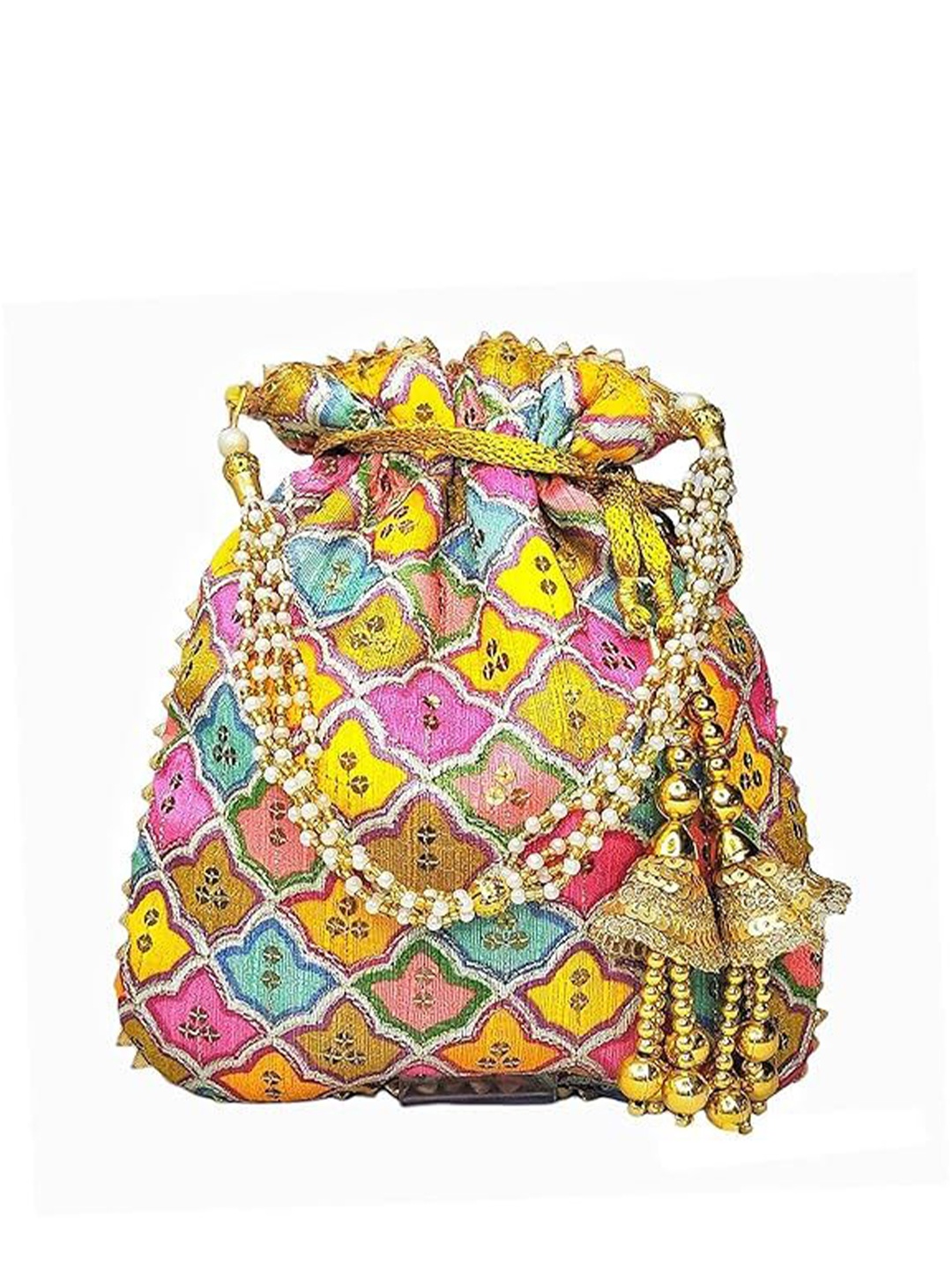 

FRINGES Printed Potli Clutch, Blue