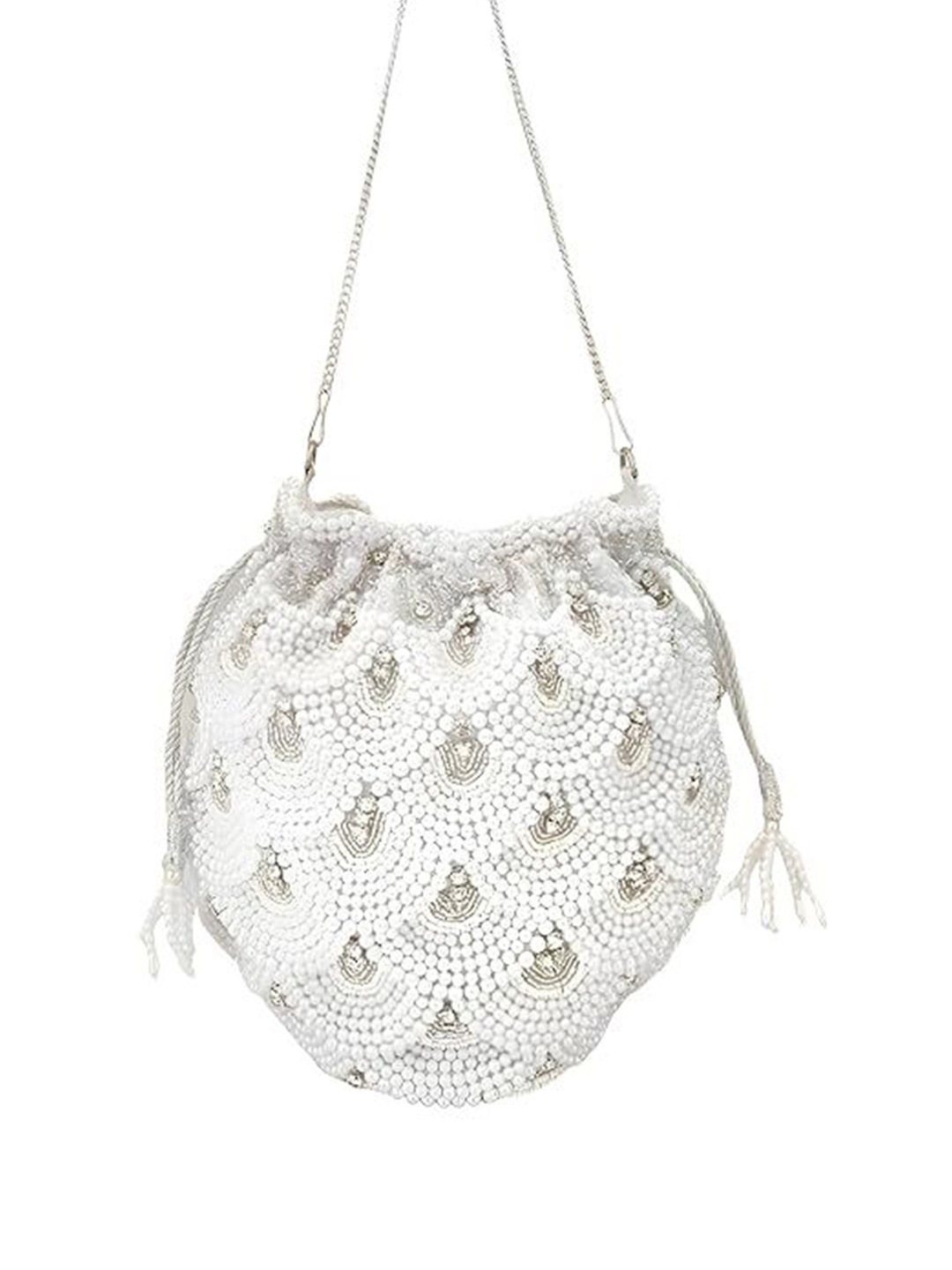 

FRINGES Embellished Box Clutch, White