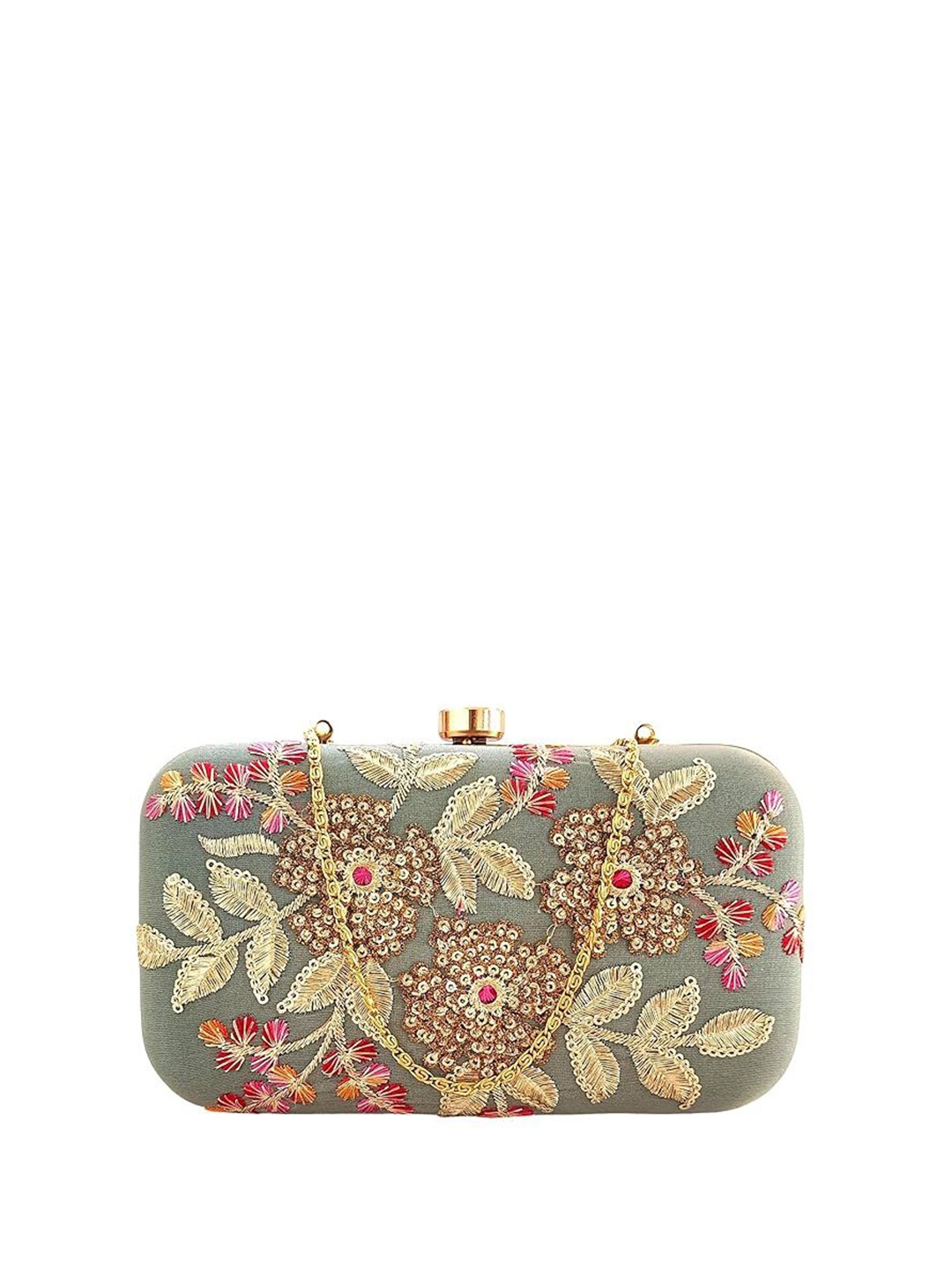 

FRINGES Embroidered Box Clutch, Grey