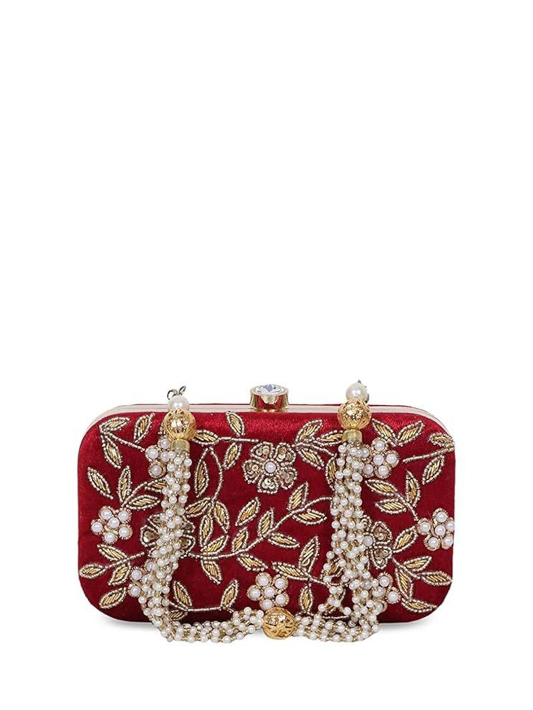 

FRINGES Embroidered Box Clutch, Maroon