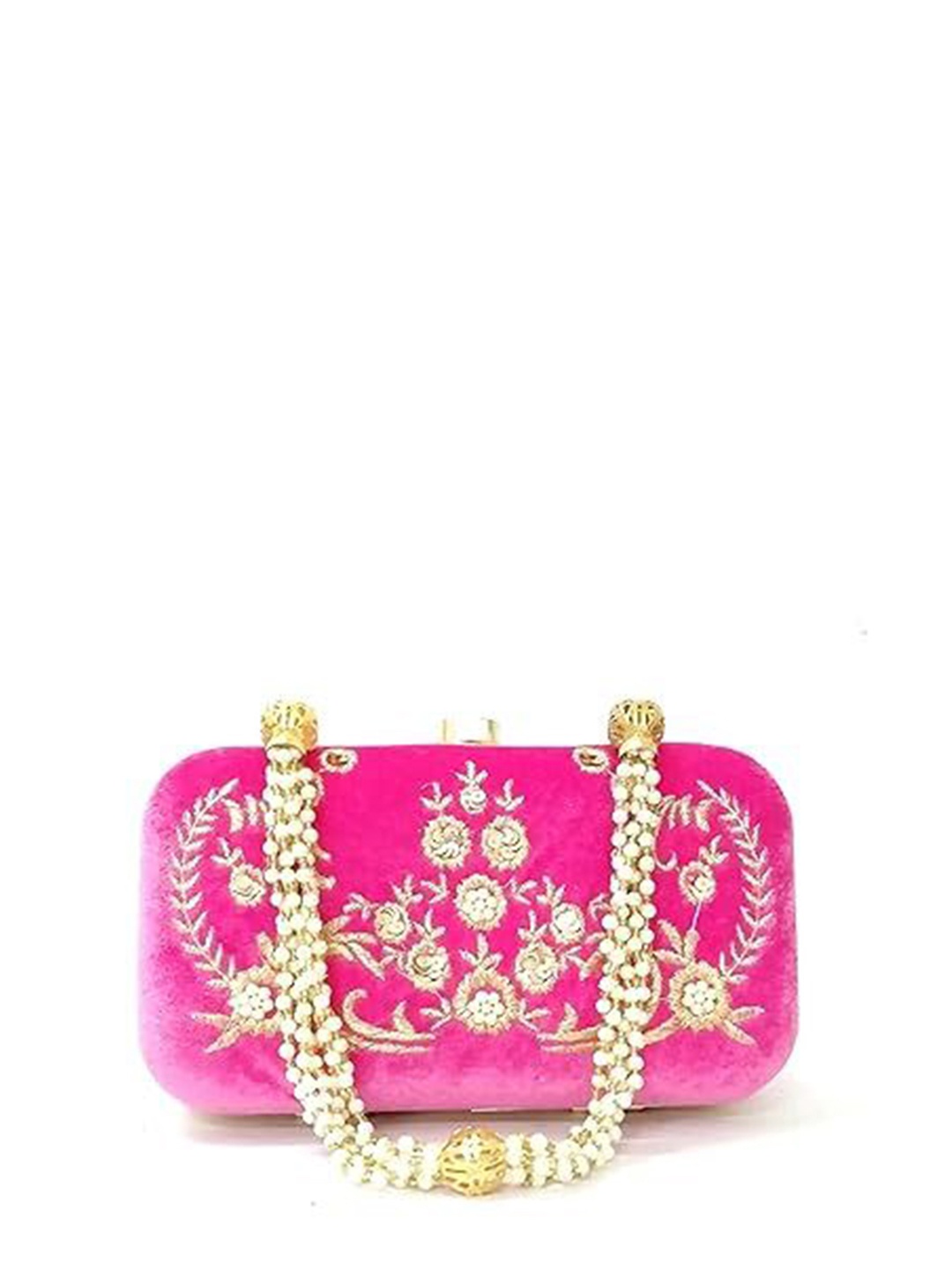 

FRINGES Embroidered Box Clutch, Pink