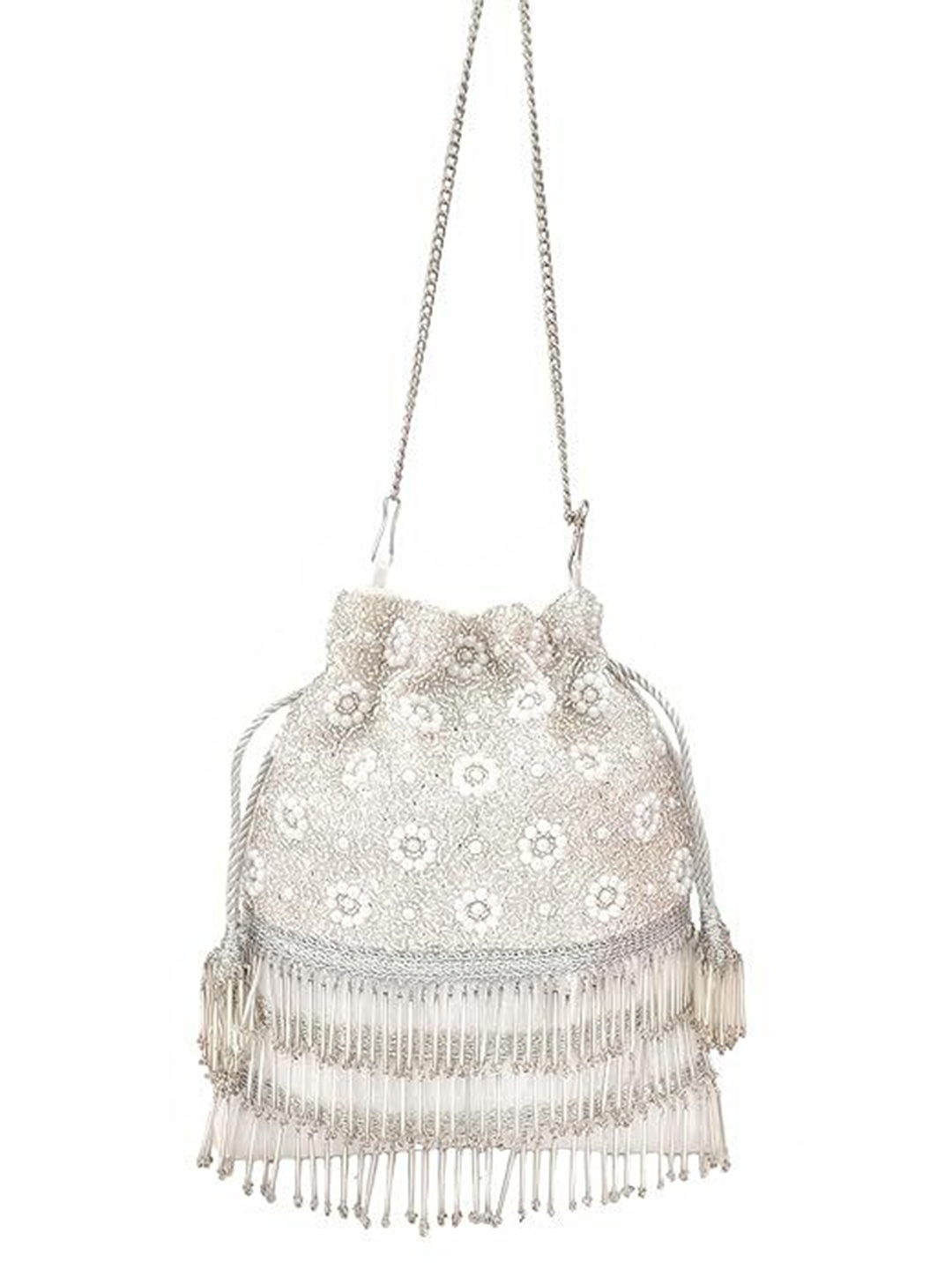 

FRINGES Embellished Potli Clutch, Silver