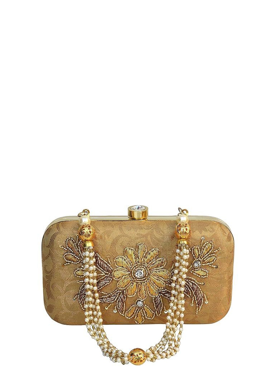 

FRINGES Embroidered Box Clutch, Gold