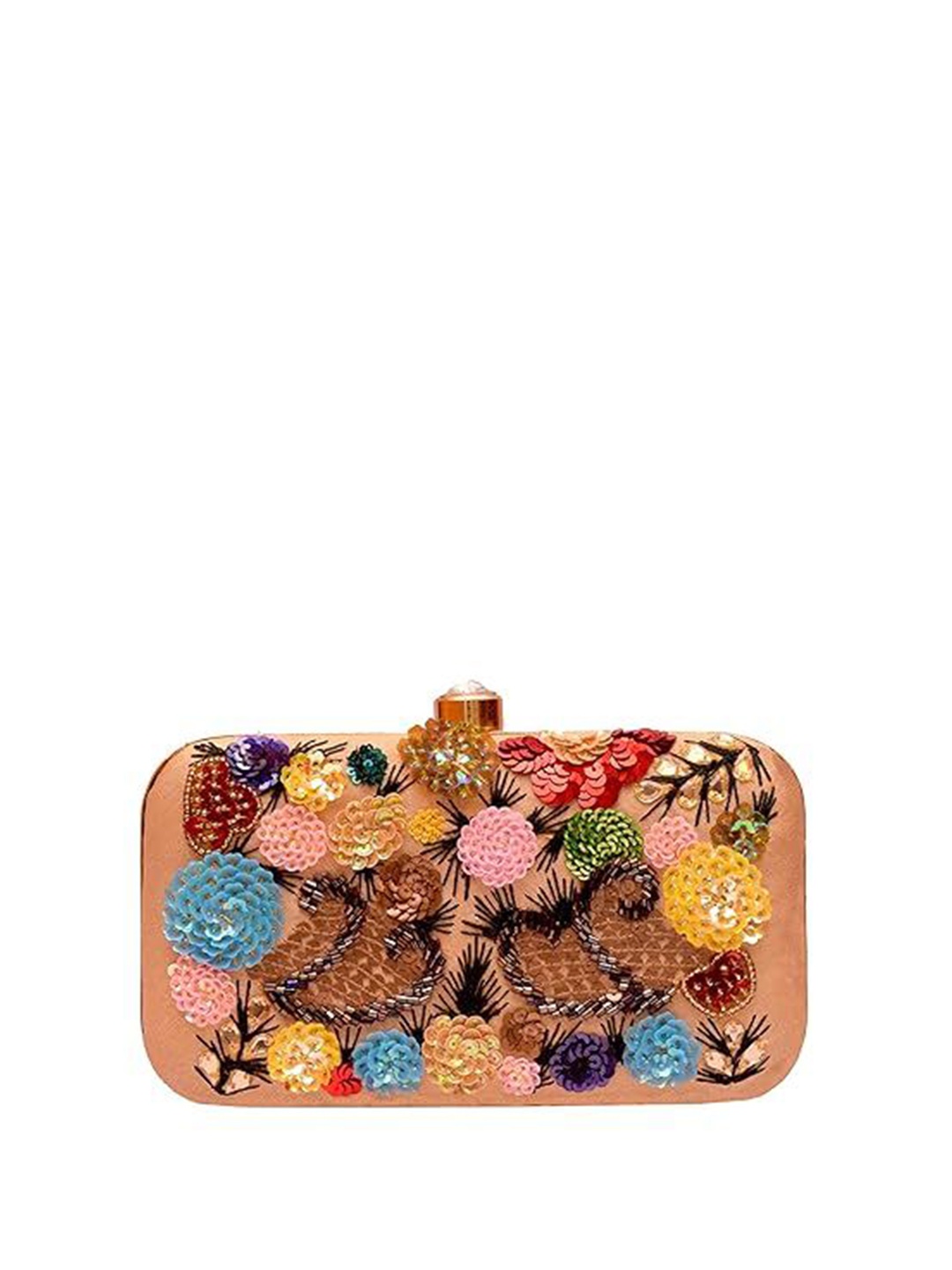 

FRINGES Embellished Embroidered Box Clutch, Gold