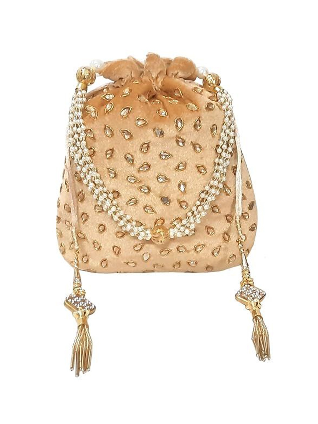 

FRINGES Embellished Beaded Tassel Potli Clutch, Gold