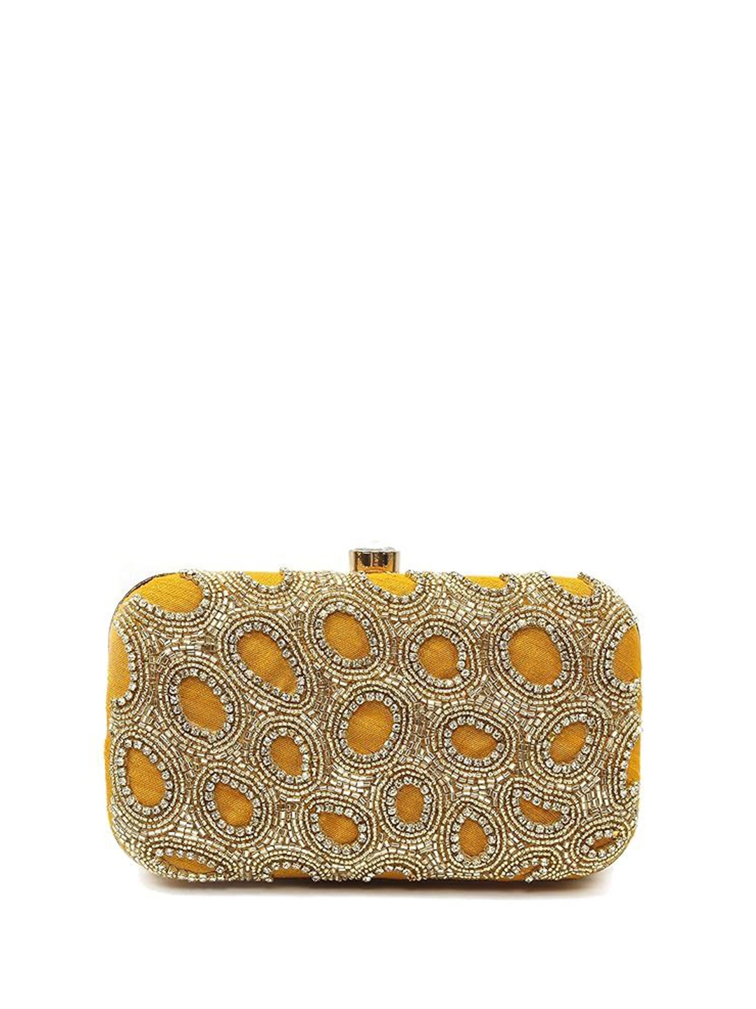 

FRINGES Embroidered Crystal Box Clutch, Yellow