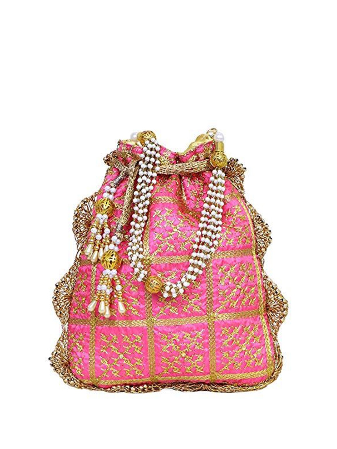 

FRINGES Embroidered Tassel Potli Clutch, Pink
