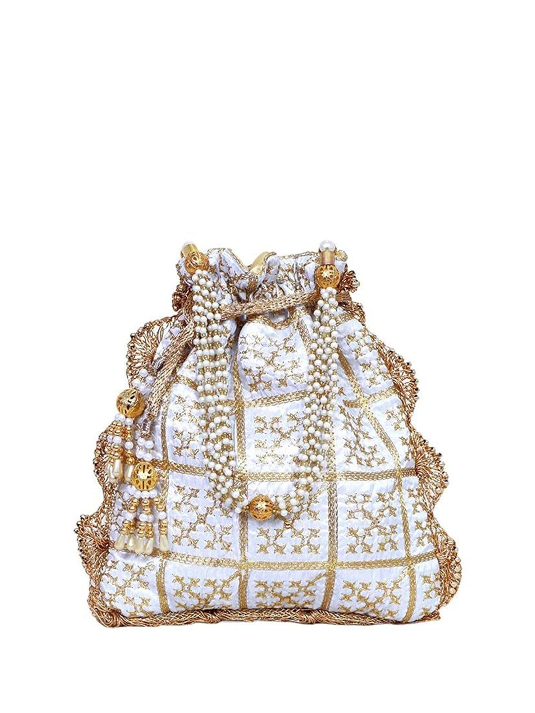 

FRINGES Embroidered Tassel Potli Clutch, White