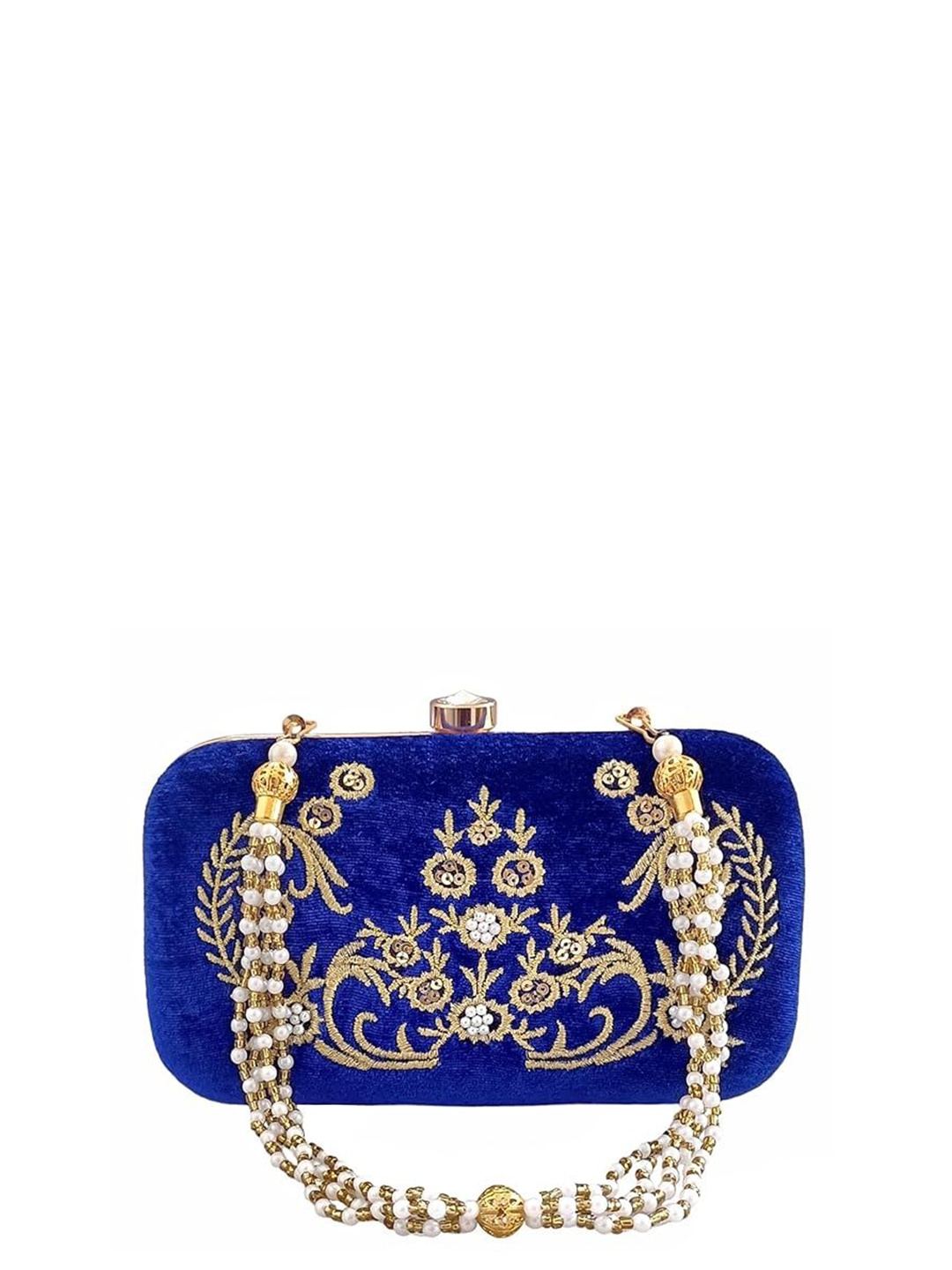 

FRINGES Embroidered Box Clutch, Blue