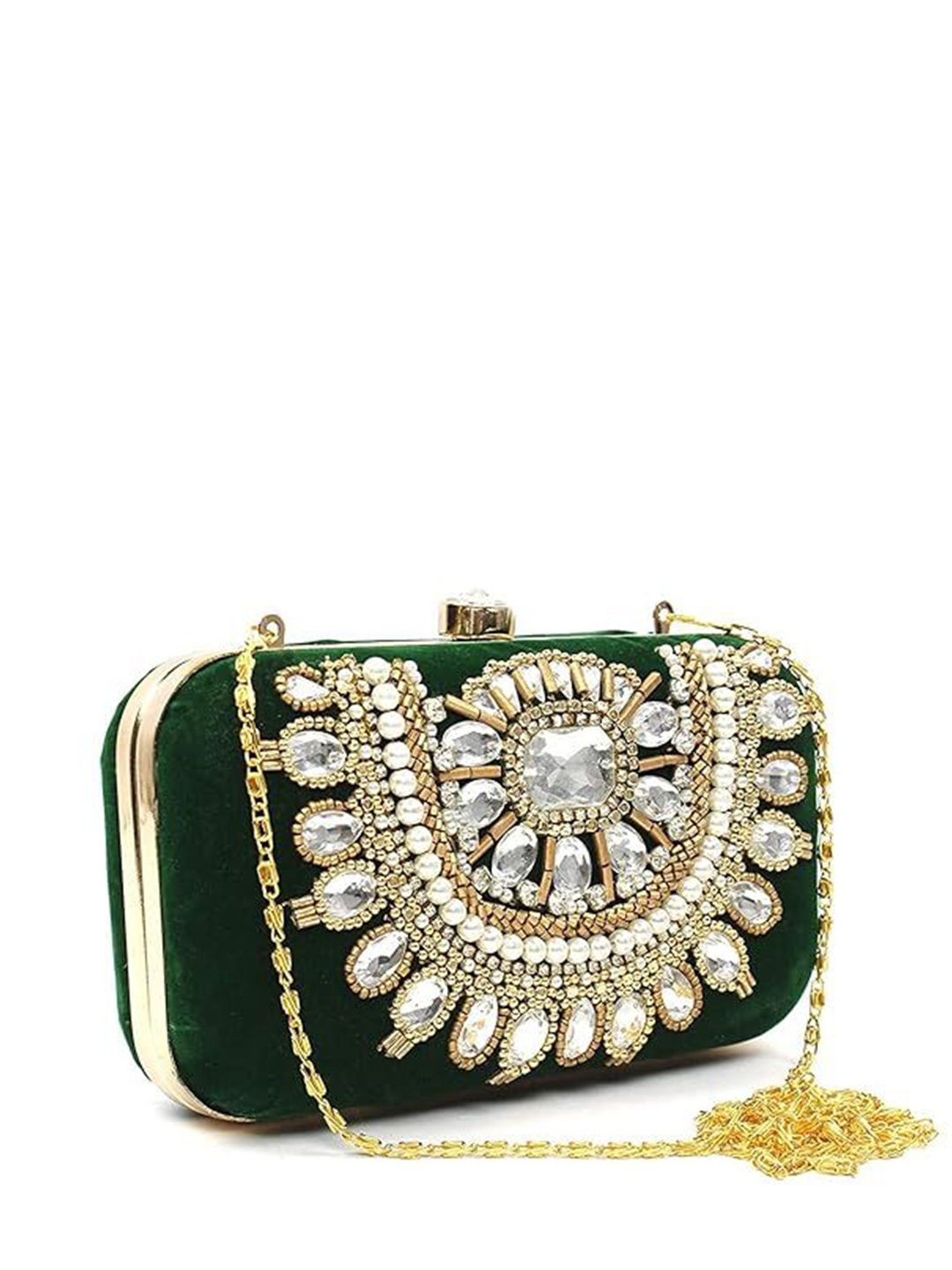 

FRINGES Embroidered Embellished Box Clutch, Green