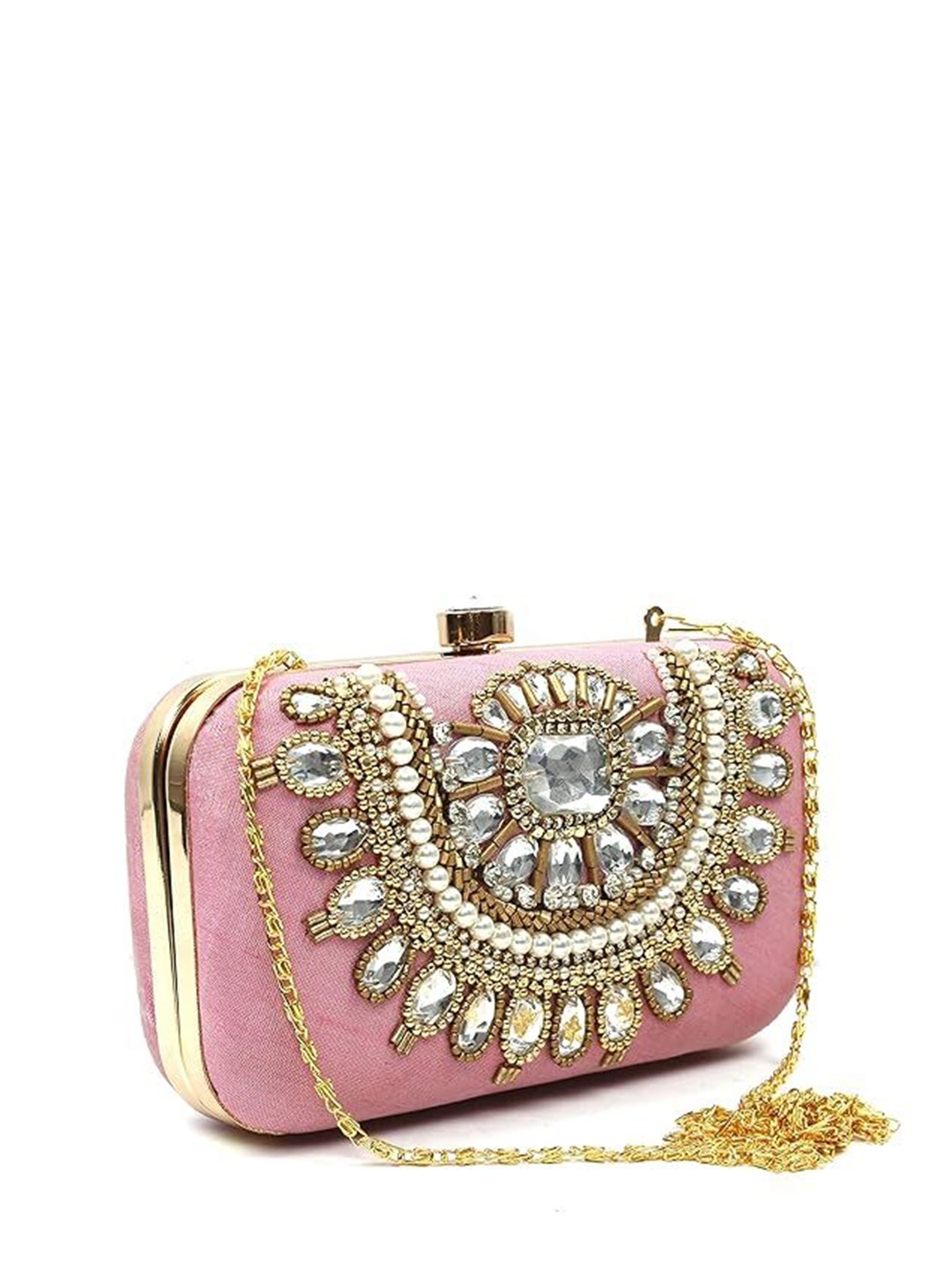 

FRINGES Embroidered Embellished Box Clutch, Pink