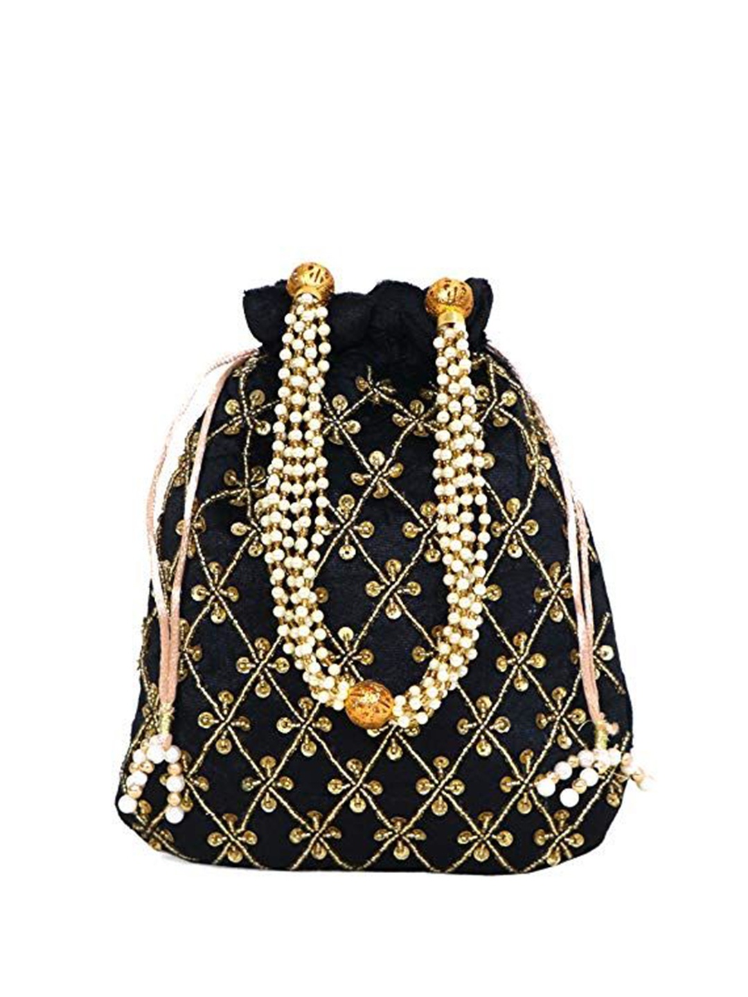 

FRINGES Embroidered Potli Bag, Black