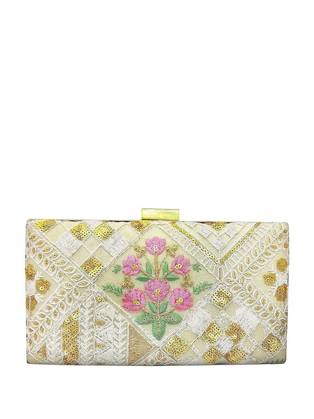 

FRINGES Embroidered Box Clutch, Cream