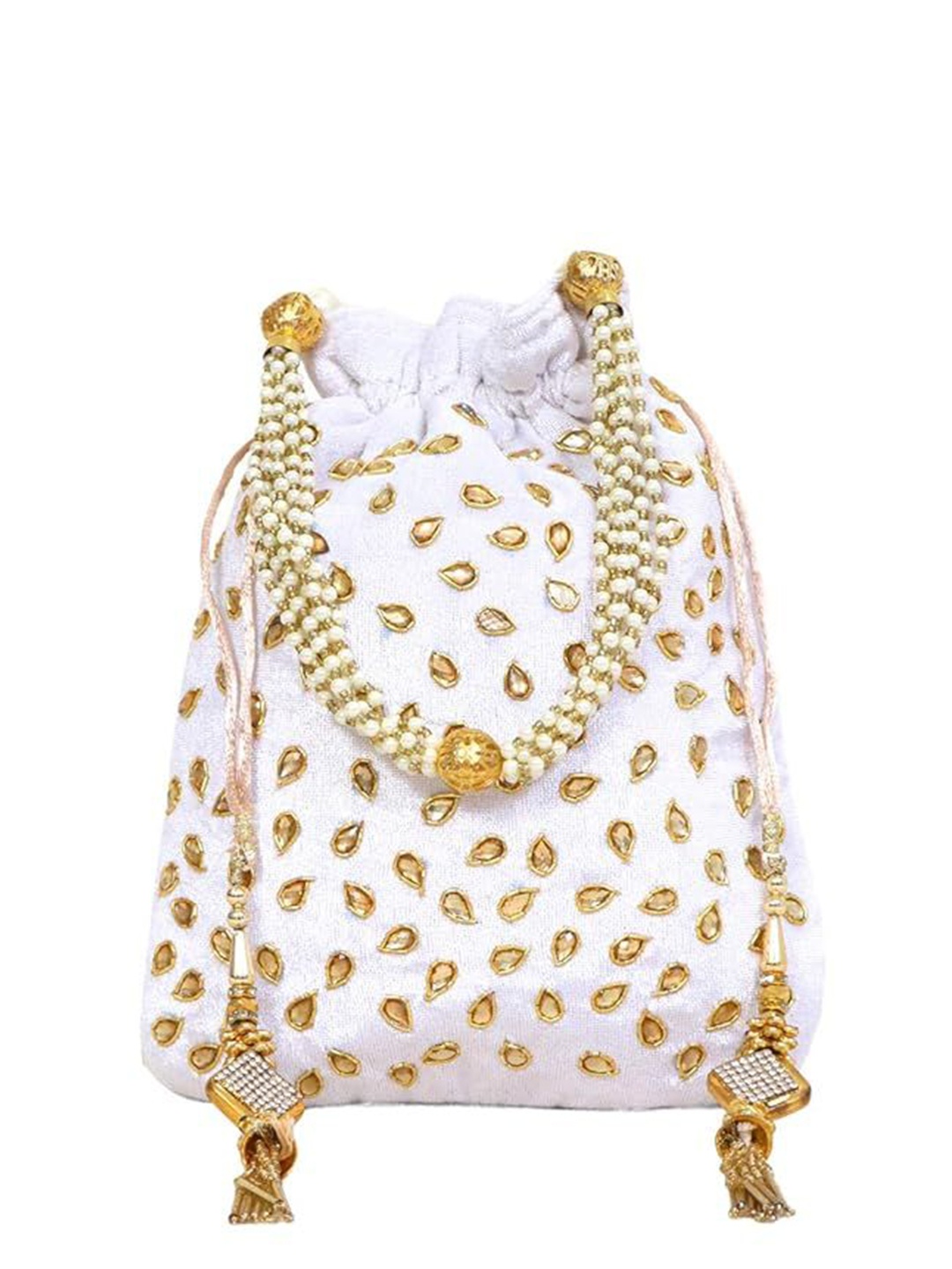 

FRINGES Embroidered Embellished Potli Bag, White