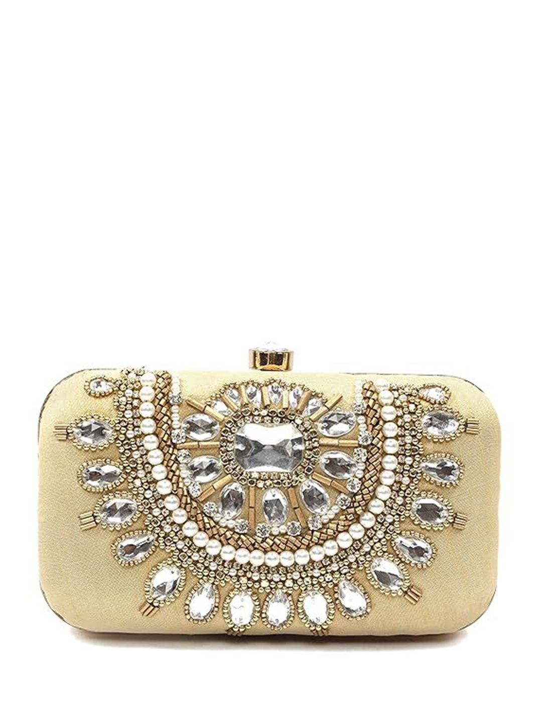 

FRINGES Embroidered Crystal Embellished Box Clutch, Gold