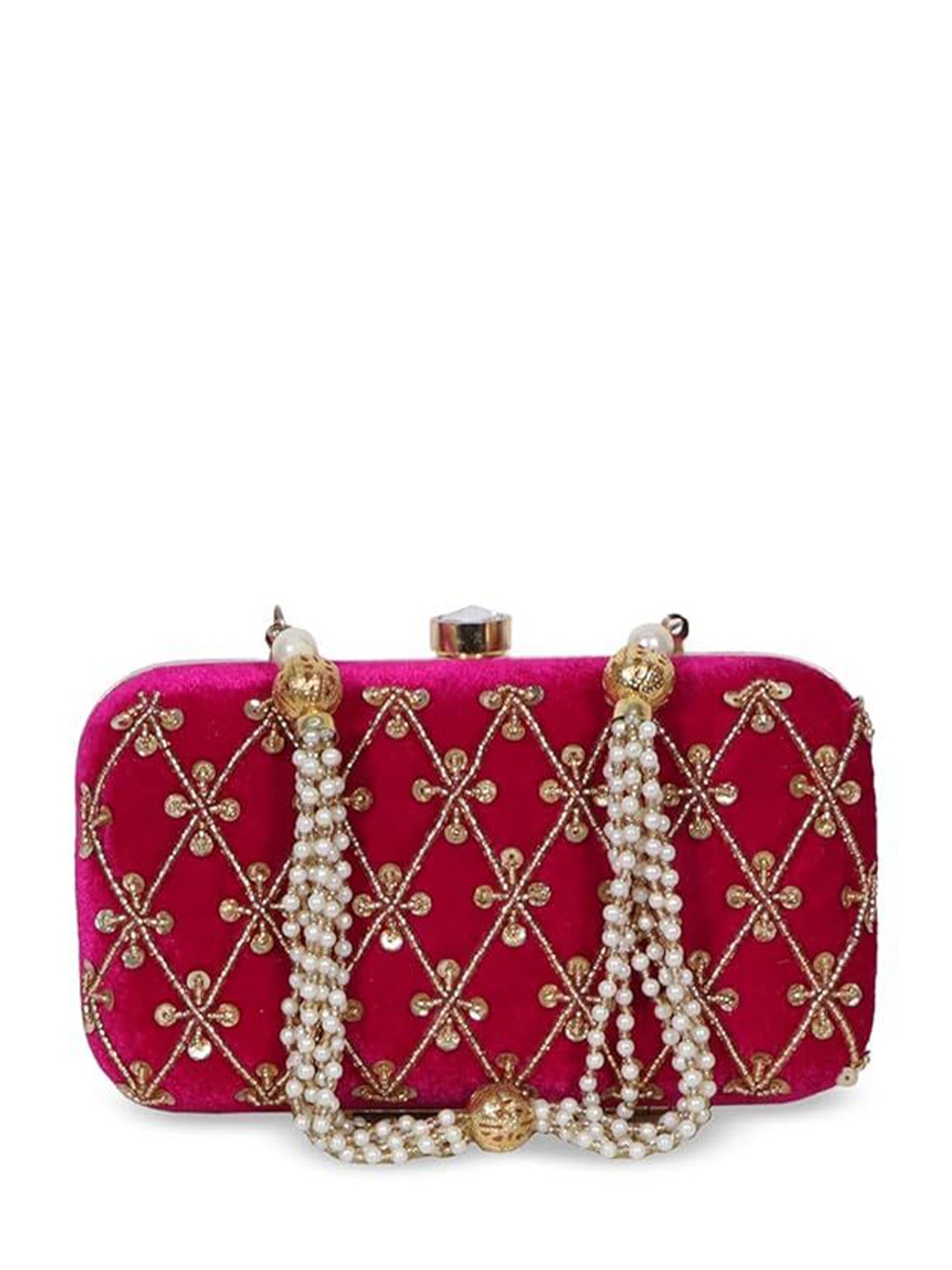 

FRINGES Embellished Box Clutch, Fuchsia