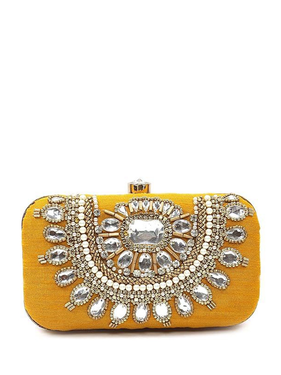 

FRINGES Crystal Embroidered Box Clutch, Yellow