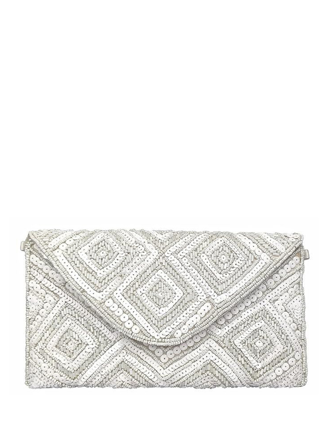 

FRINGES Embroidered Embellished Envelope Clutch, White