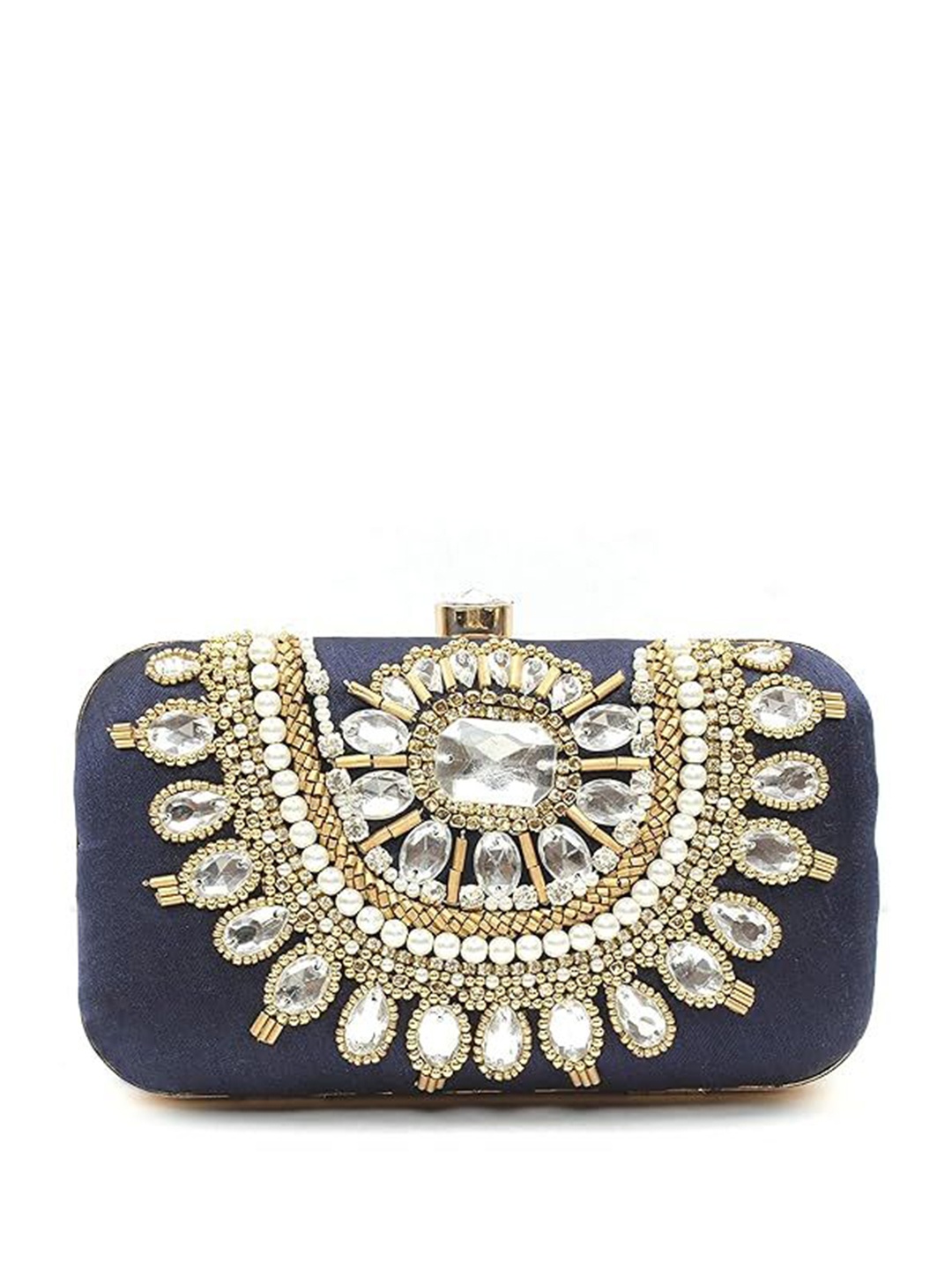 

FRINGES Embroidered Embellished Box Clutch, Navy blue