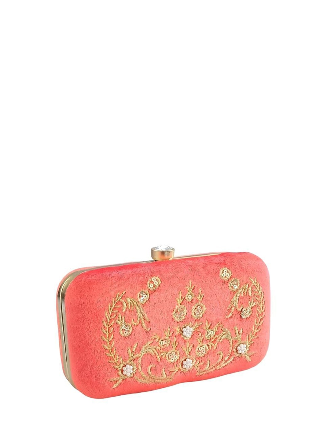 

FRINGES Floral Embroidered Embellished Box Clutch, Red