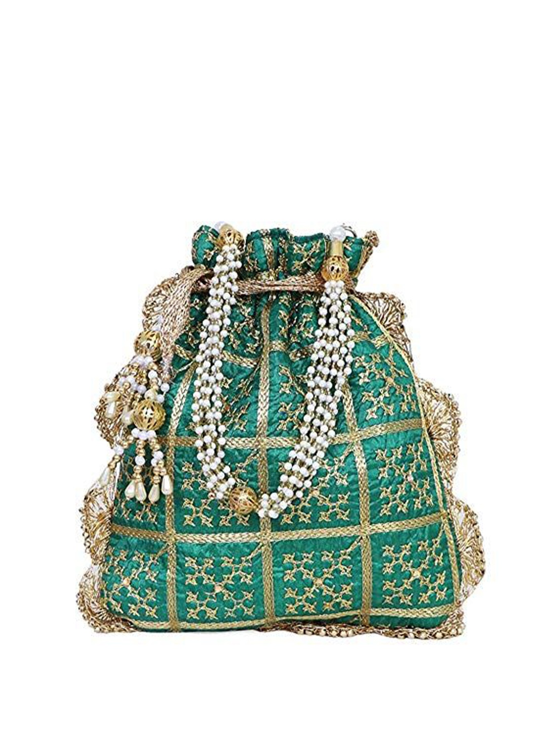 

FRINGES Printed Embellished Potli Clutch, Green