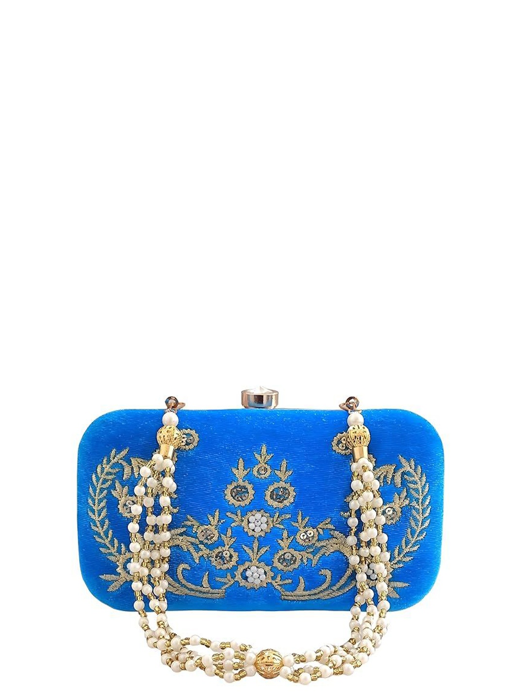 

FRINGES Embroidered Potli Clutch, Turquoise blue