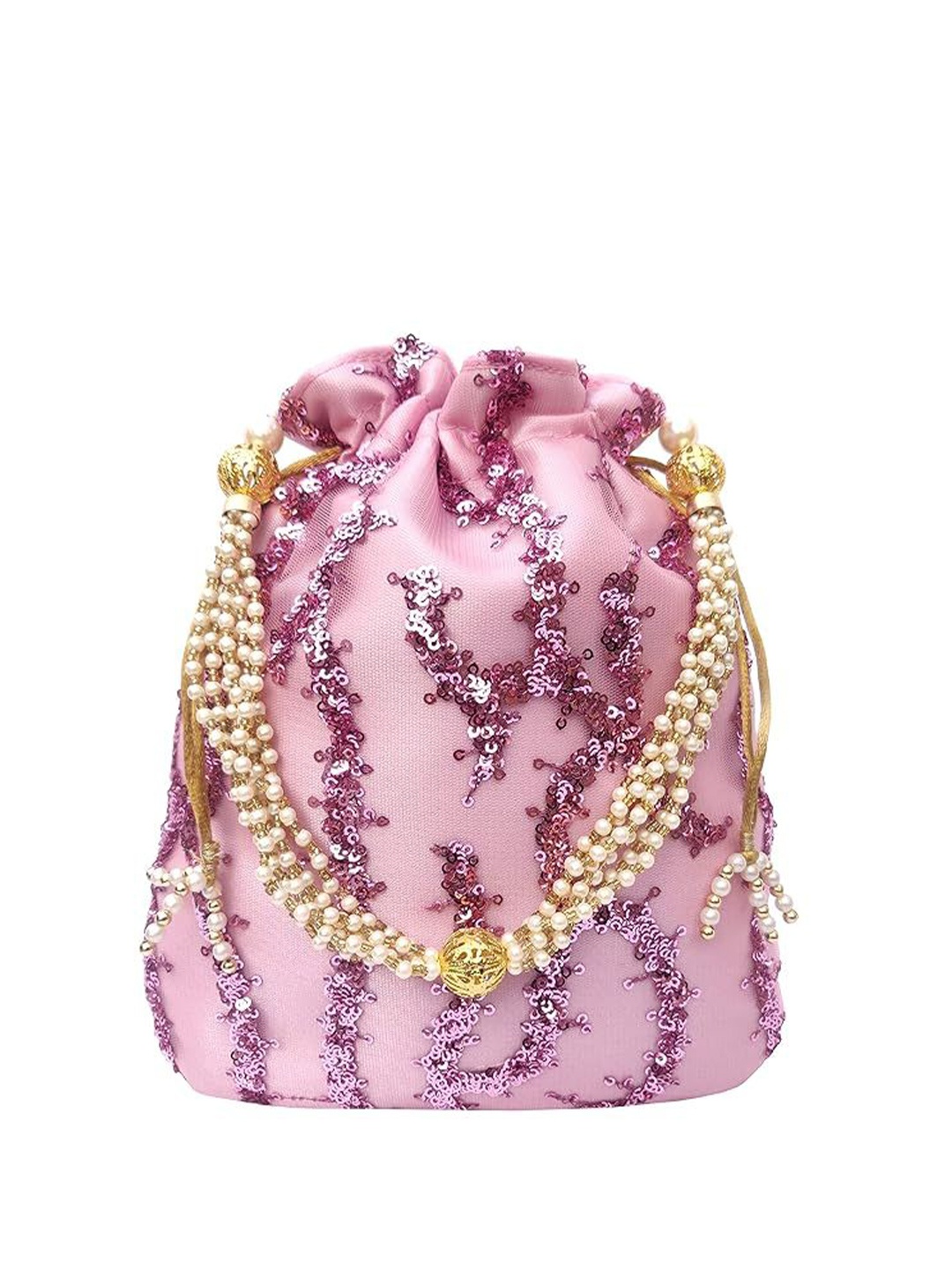 

FRINGES Embellished Potli Clutch, Pink
