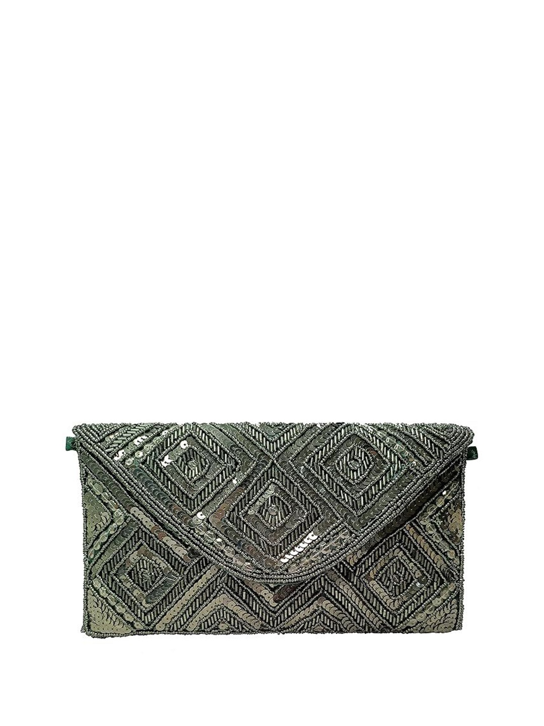 

FRINGES Embroidered Envelope Clutch, Green