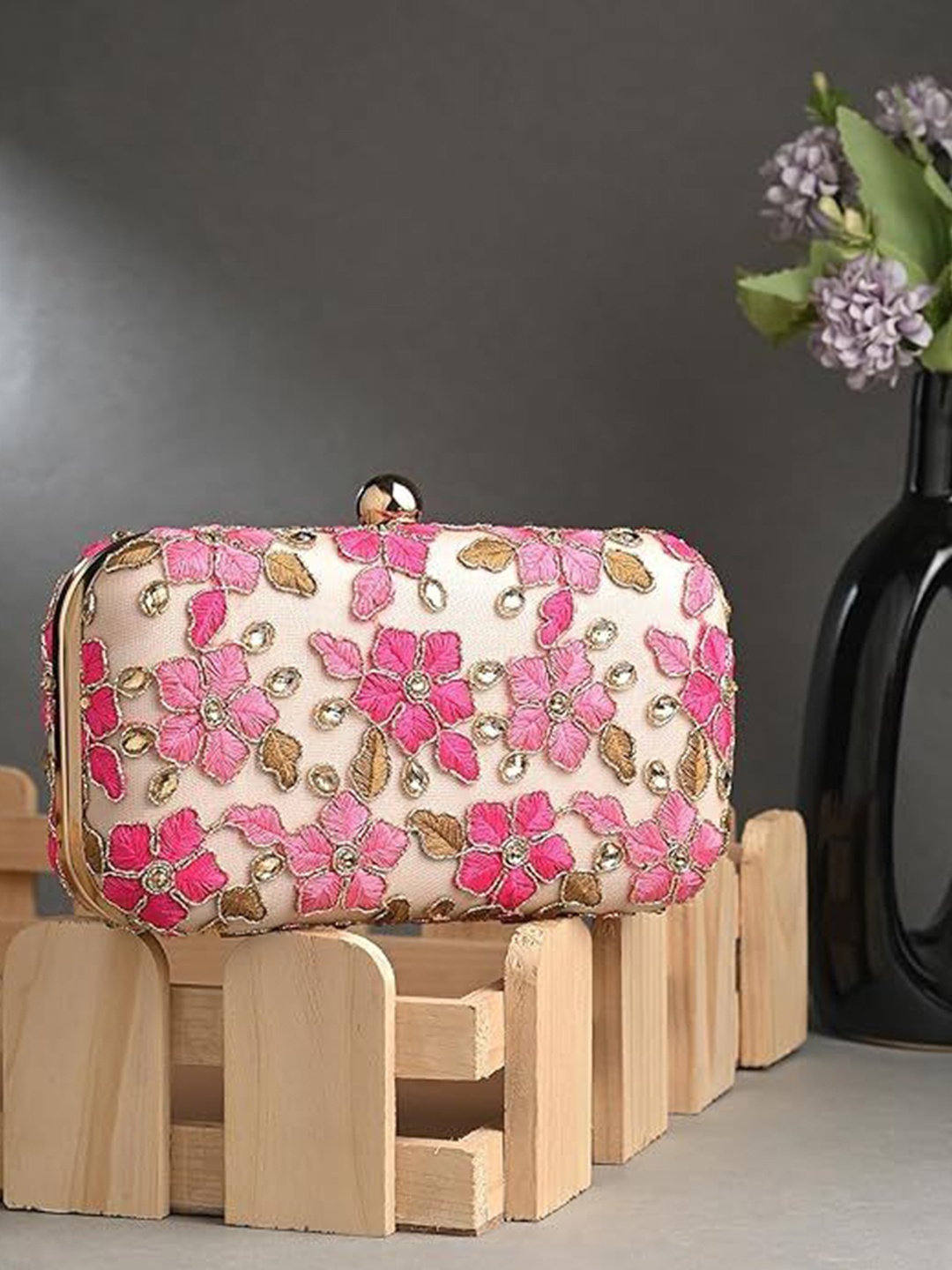 

FRINGES Embroidered Box Clutch, Pink
