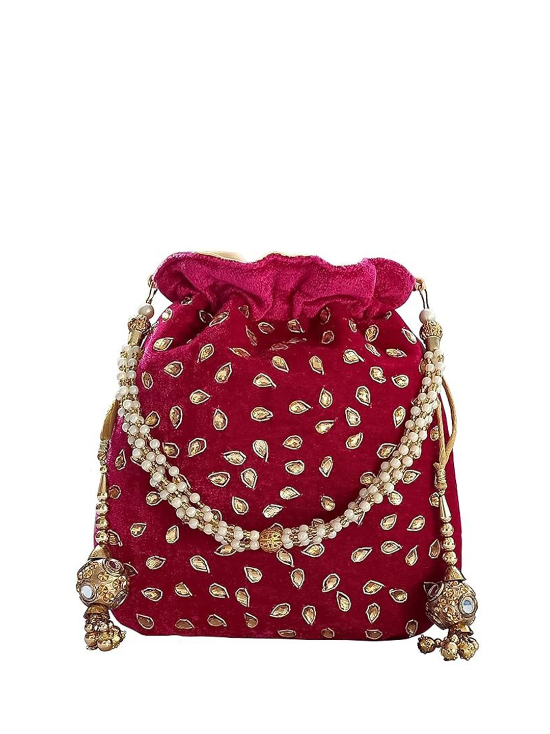 

FRINGES Embellished Beaded Tassel Potli Clutch, Fuchsia