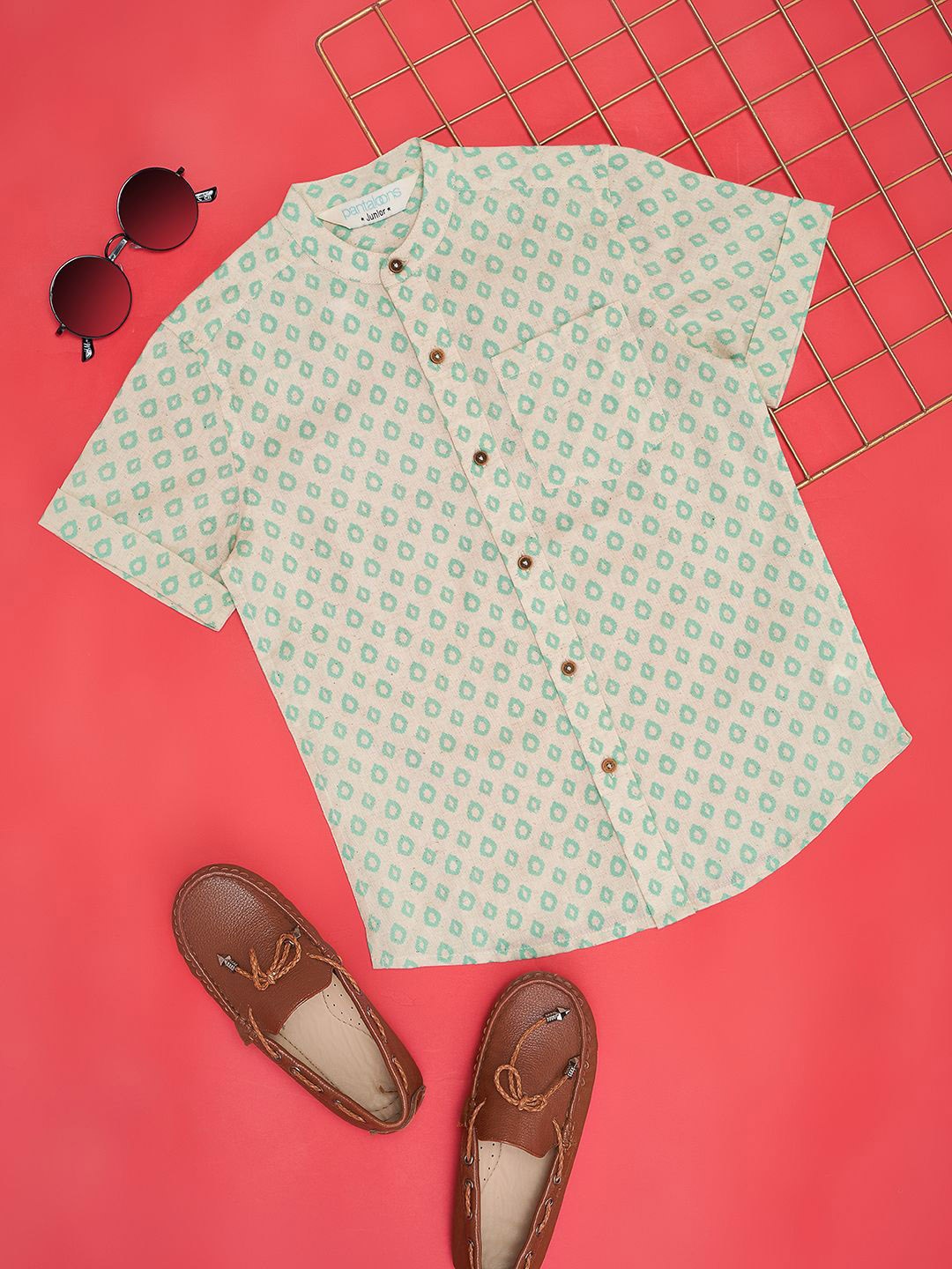 

indus route by Pantaloons Boys Geometric Printed Band Collar Shirts, Off white