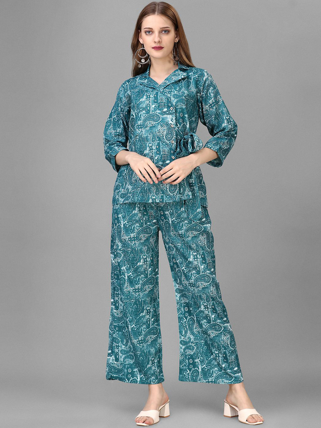 

HOUSE OF MIRA Printed Pure Cotton Top With Palazzos, Blue