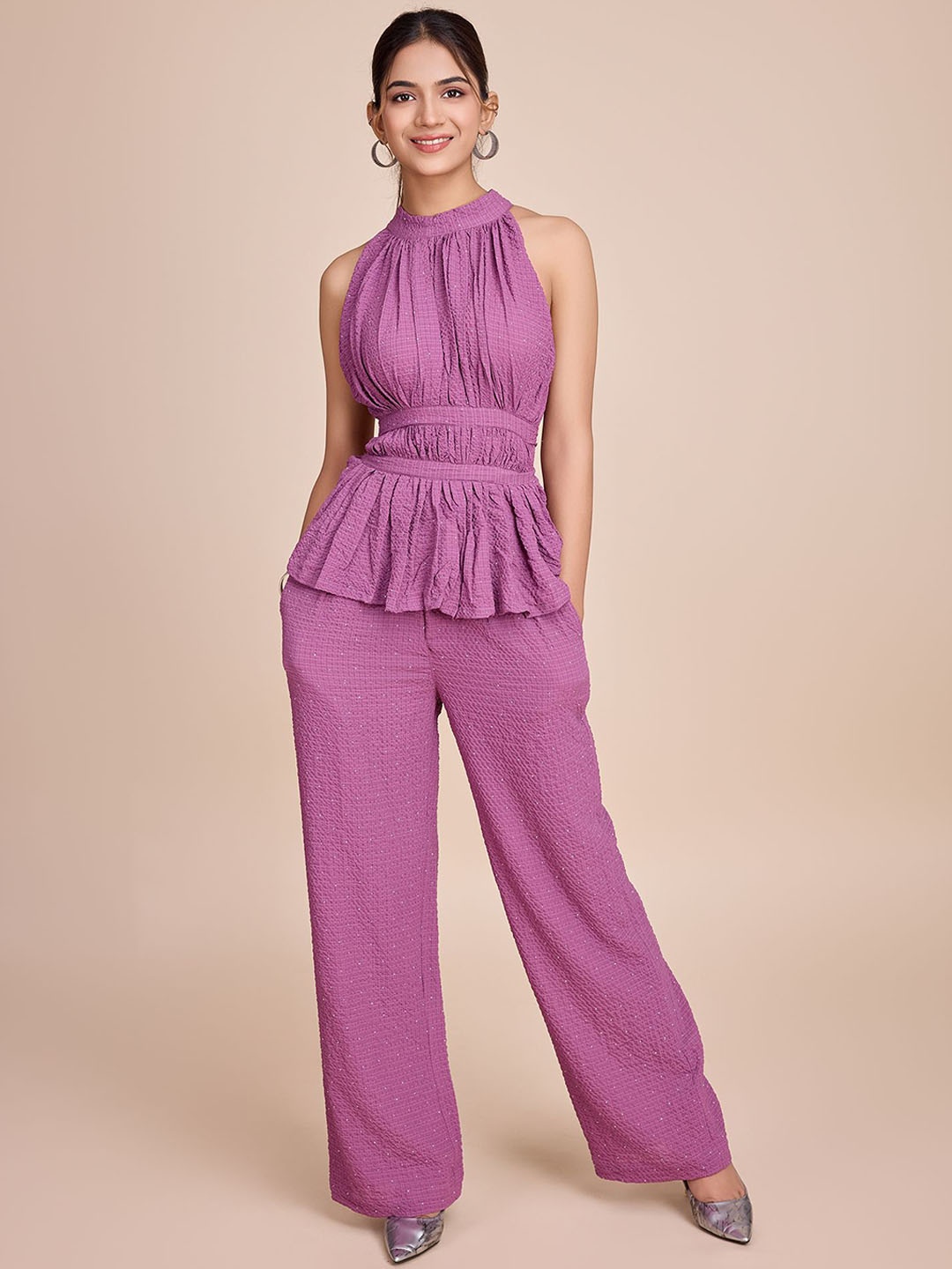 

HOUSE OF MIRA Self Design Halter Neck Top With Palazzos, Pink