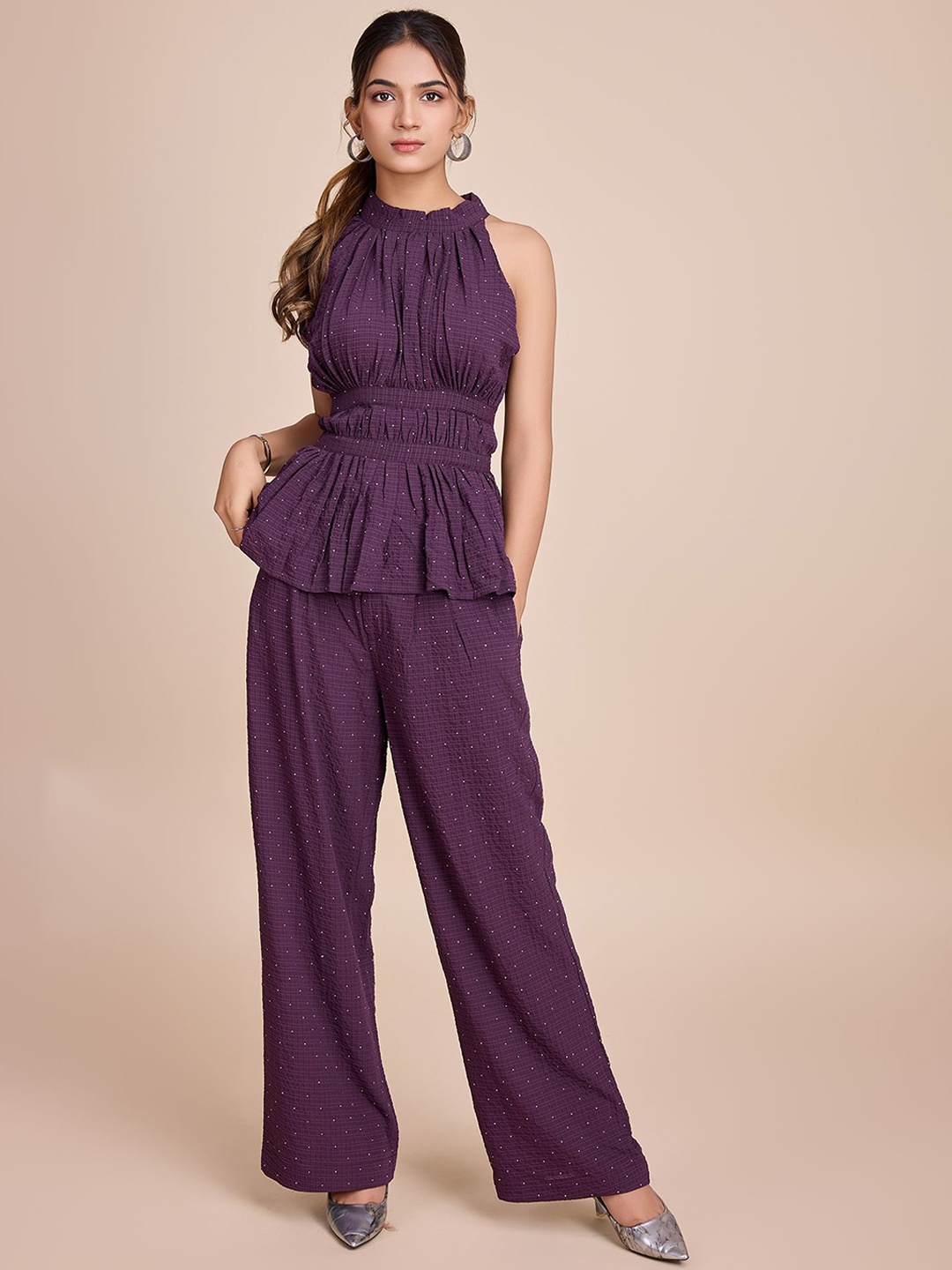 

HOUSE OF MIRA Embellished Top With Palazzos, Burgundy