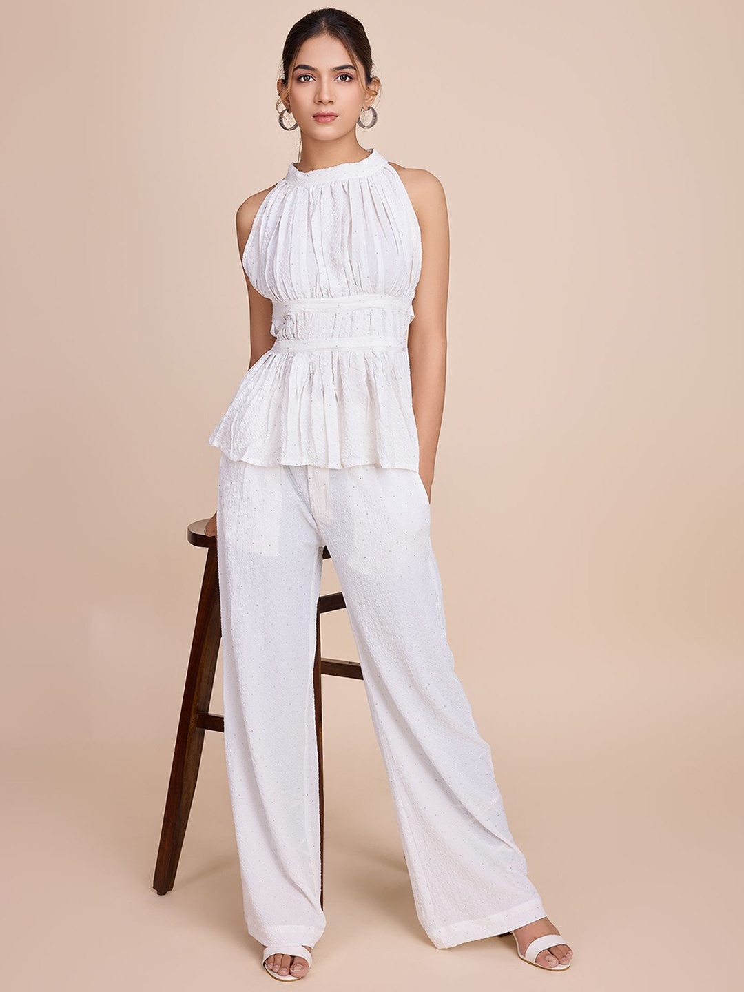 

HOUSE OF MIRA Embellished Top With Palazzos, White