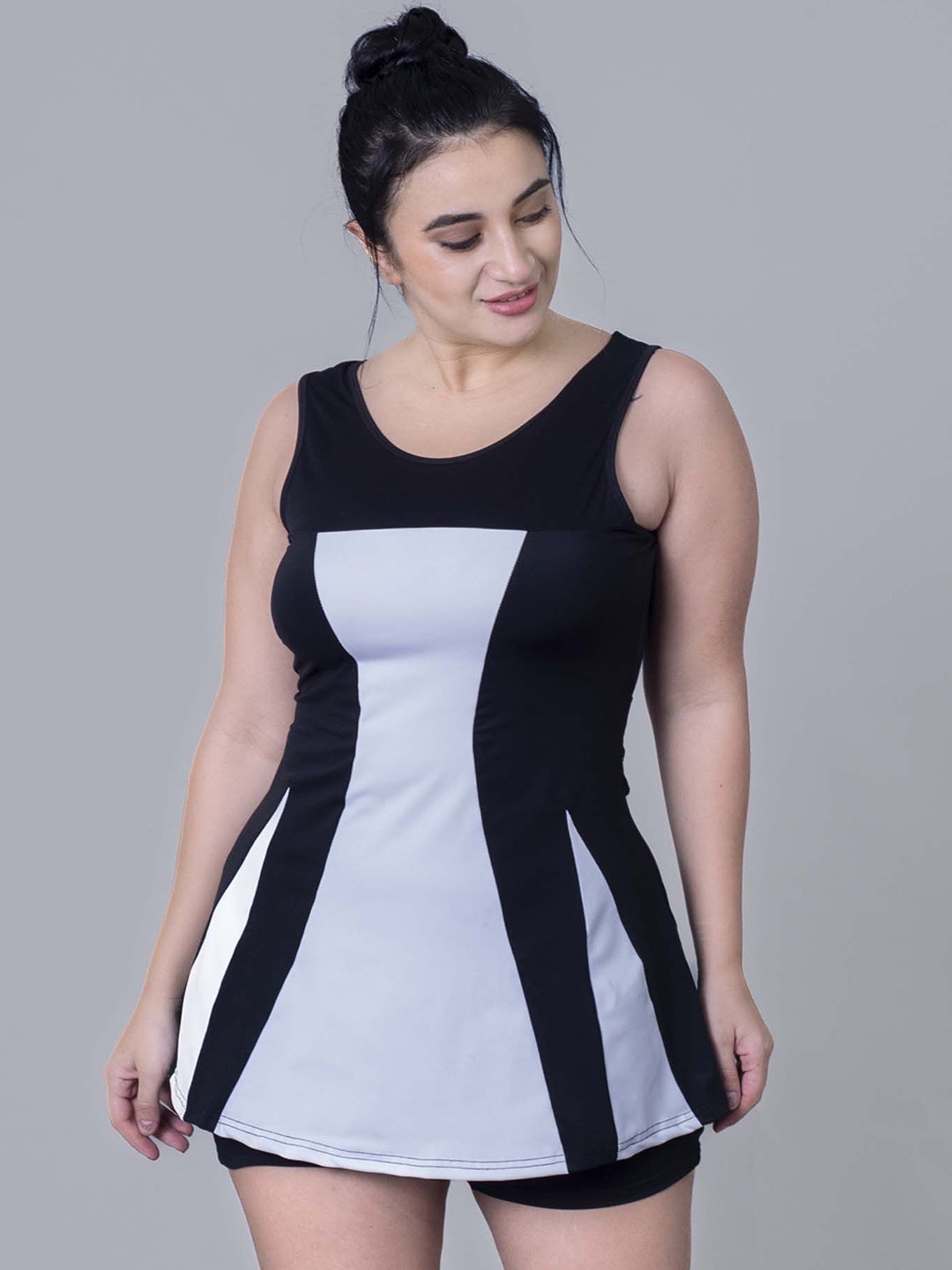 

Keepfit Plus Size Women 2 Piece Colourblocked Tummy Control Padded Swim Set, Black