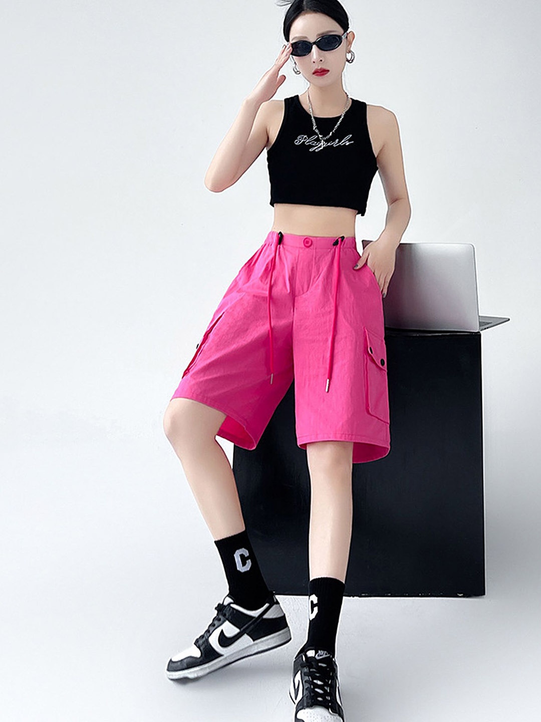 

LULU & SKY Women Loose Fit High-Rise Shorts, Fuchsia