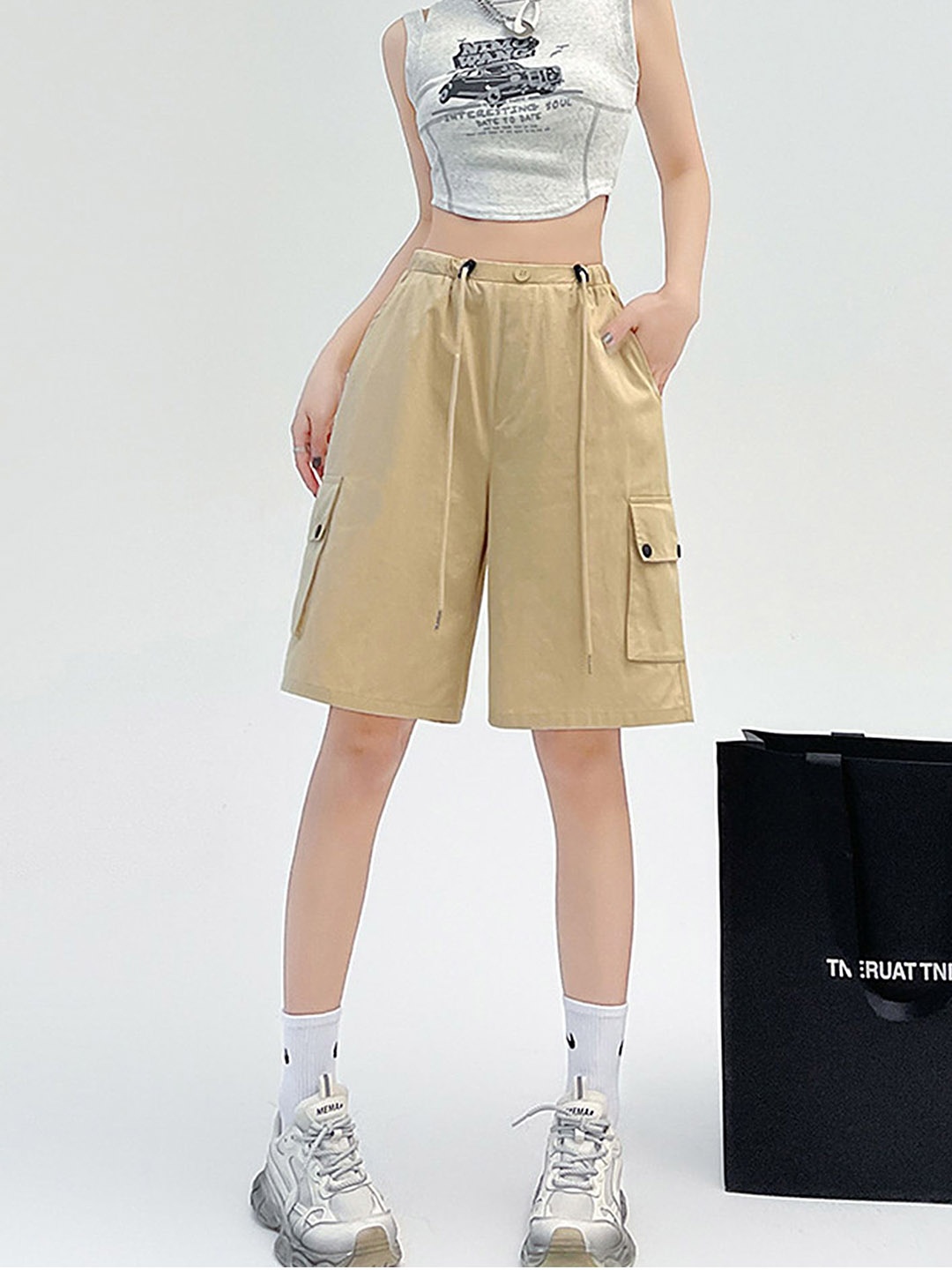 

LULU & SKY Women Loose Fit High-Rise Chino Shorts, Beige